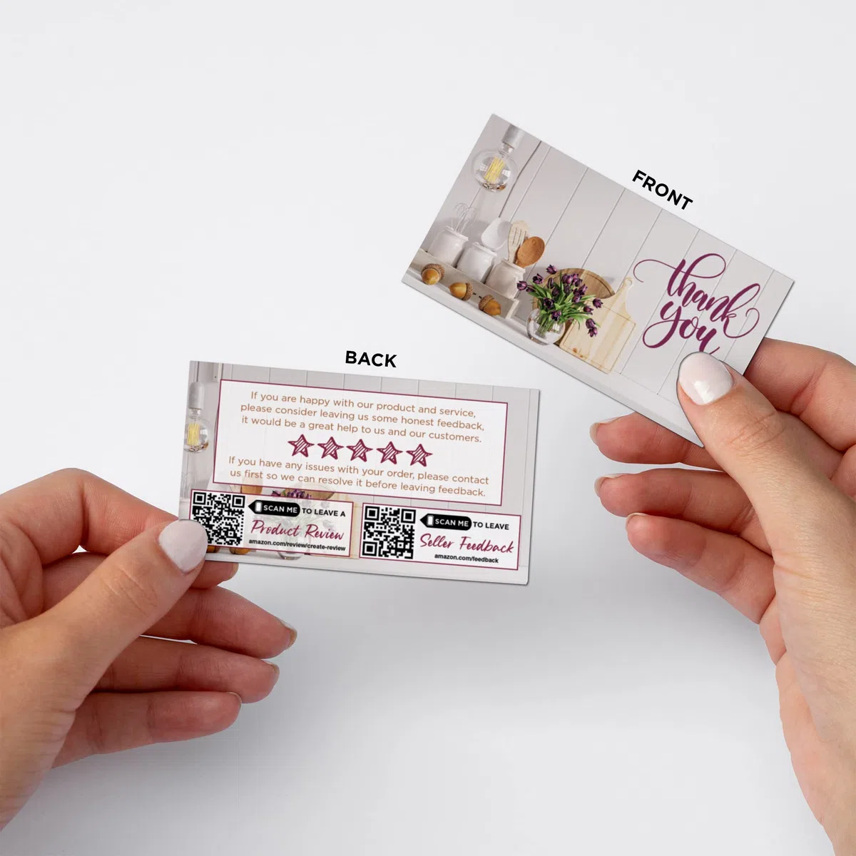 Tarjetas de agradecimiento por tu compra (2 x 3.5 pulgadas), insertos de paquete con solicitud de comentarios para vendedores de Amazon, minorista en línea para pequeñas empresas (cocina