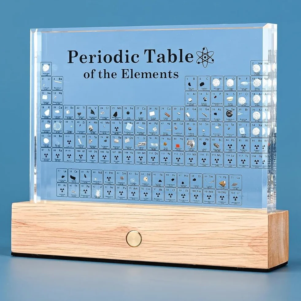 Tabla periódica con elementos reales, tabla periódica de acrílico de 83 elementos, tabla periódica con base LED, tabla periódica de química, regalo para profesores, estudiantes, decoración