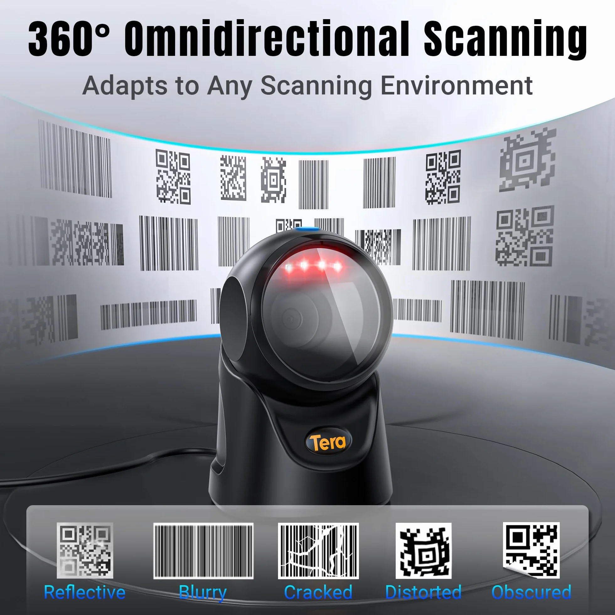 Tera Barcode Scanner Plattform Omnidirektional: 1D 2D QR Code Desktop-Lesegerät Freihändig USB Kabelgebunden Verstellbarer Winkel, Plug-and-Play für POS Supermarkt, Lager, Einzelhandel, Krankenhaus 97