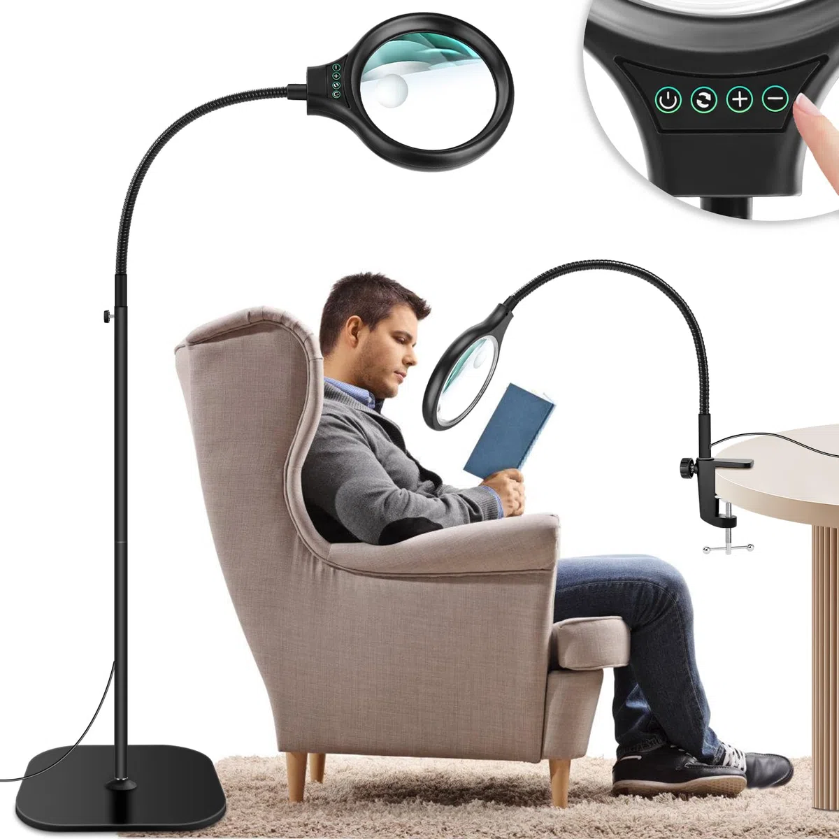 NZQXJXZ 3 en 1 Lupa con Luz y Soporte, 30X 10X Lámpara de Aumento de Pie | con Cuello de Cisne Flexible con 36 LED, 3 Modos de Color, Lupa de Escritorio con Abrazadera para Leer, Coser y Pasatiempos