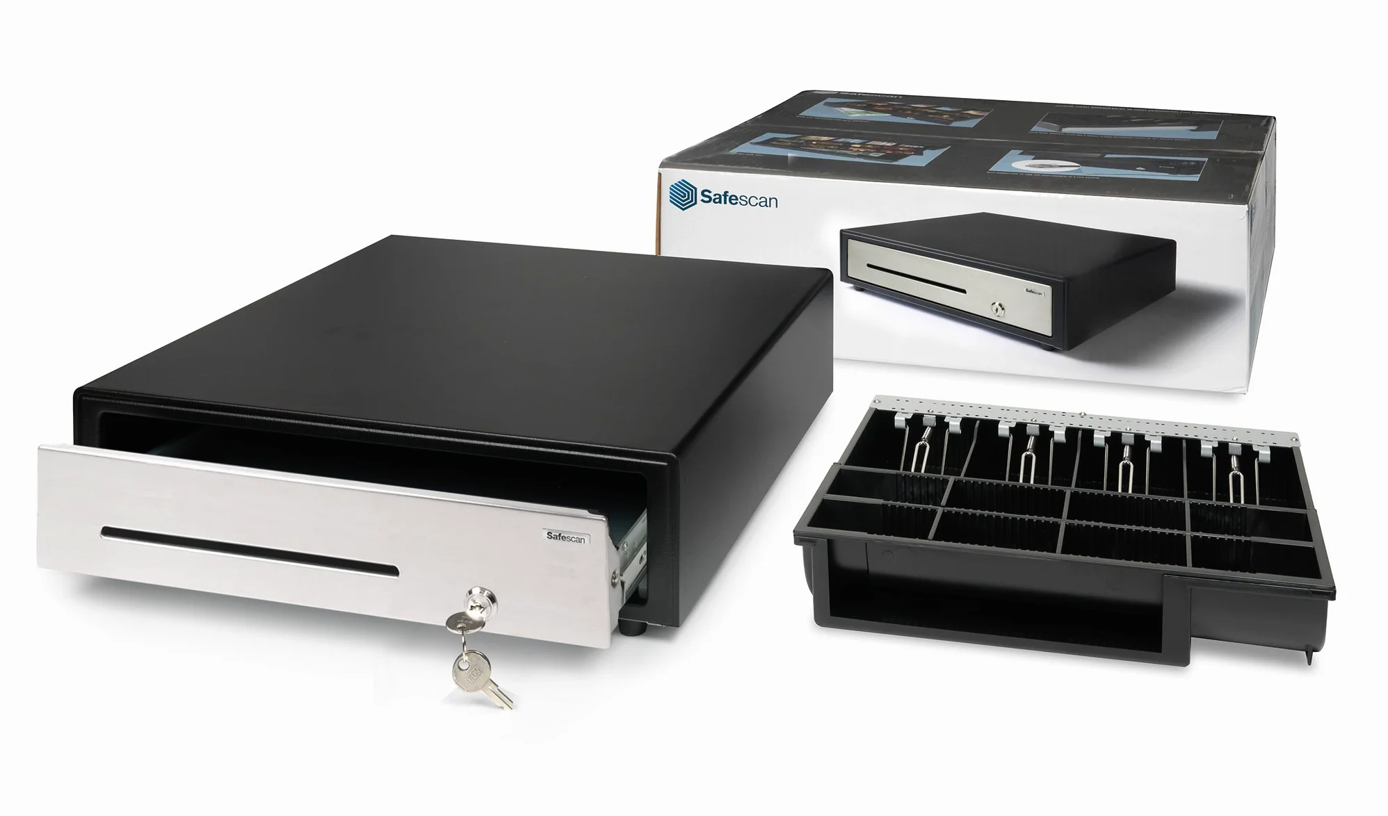 Safescan HD-4141S Cajón portamonedas uso intensivo para el efectivo - Caja dinero con 4 apartados para billetes y 8 para monedas - Caja dinero con conexión RJ-12 - Cajón portamonedas 41x41,5x11,5 cm
