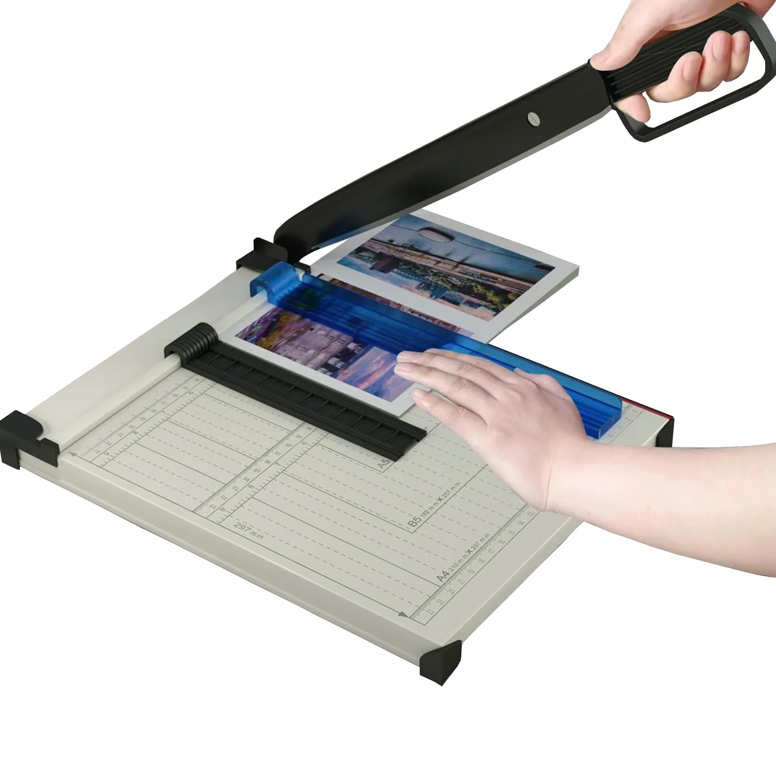 Guillotina de Papel con Base de Metal, Dispositivo de Protección, Cizalla Papel A4 B5 A5 B6 B7, Cortador de Papel Profesional Capacidad 12 Hojas, Máxima Precisión, Perfecto para Fotos, Papel, Blanco