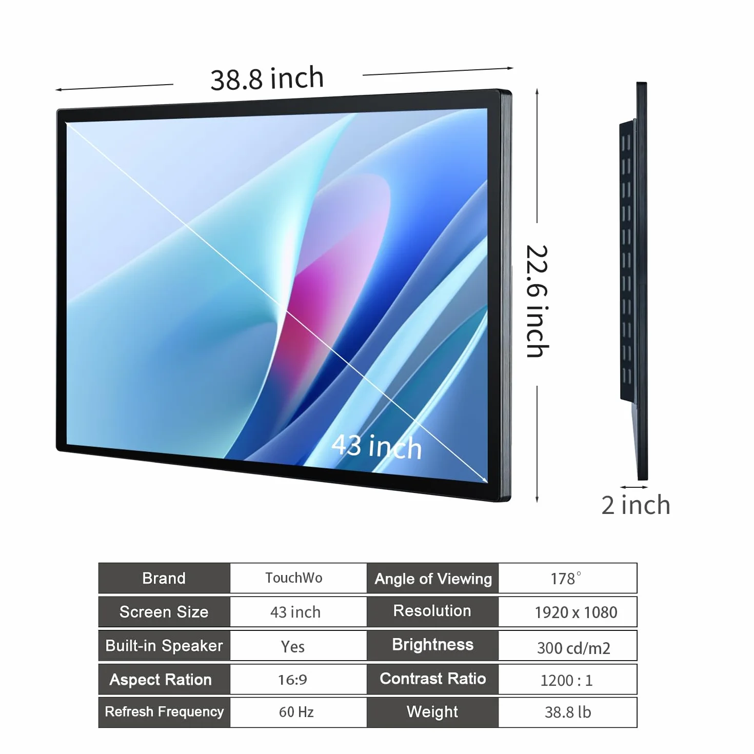 Pizarra Inteligente táctil 43 Pulgadas, Pizarra interactiva y Smart TV 16:9 FHD 1080P, PC Todo en uno con Windows 10 para la Industria, la Oficina y el Aula, Pantalla de Monitor Vertical