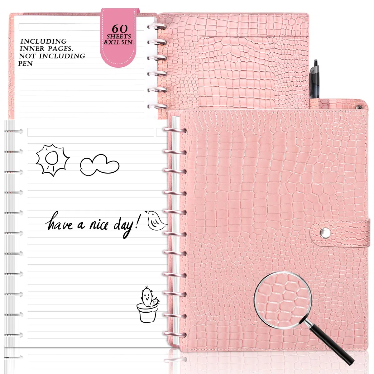 SKLENICE Cuaderno encuadernado en disco de piel de 8.5 x 11 pulgadas de ancho, 60 hojas, cuaderno encuadernado en disco y juego de discos, cuaderno personalizable con espiral