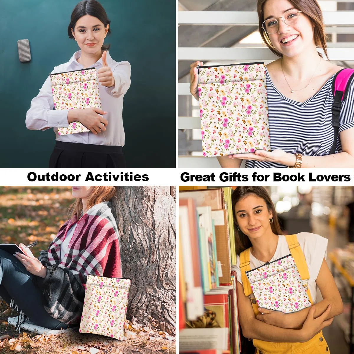 Funda impermeable con estampado floral de acuarela para amantes de los libros, con cremallera y bolsillo frontal, funda para libros para mujeres, niñas, lectores, esposa, accesorios de libros, regalos
