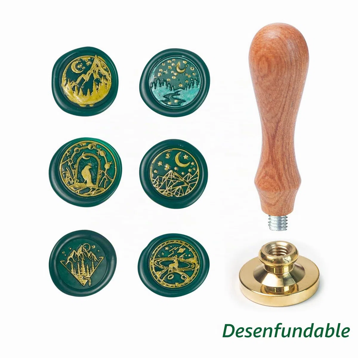 Kit de sellos de cera con 6 cabezas de latón removibles y 1 mango de madera, sello de cera con estrellas para tarjetas e invitaciones