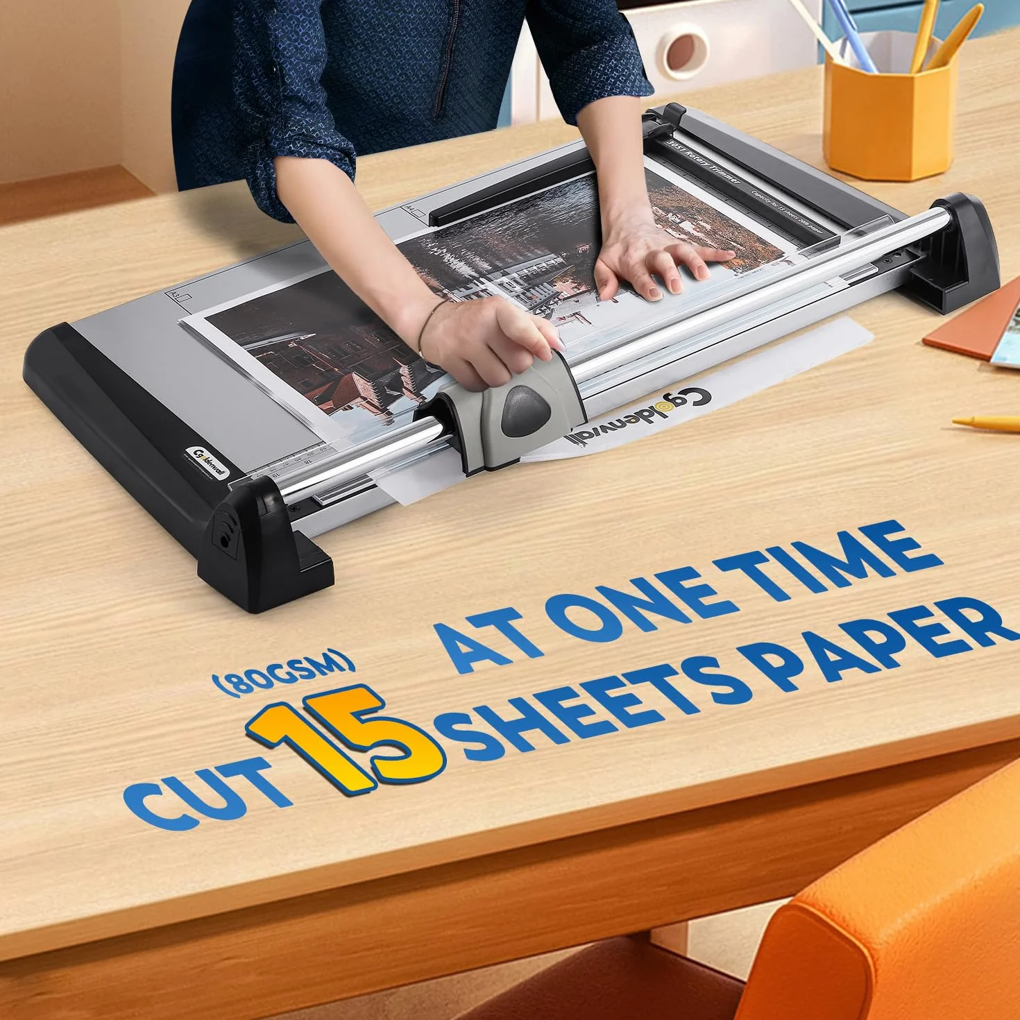CGOLDENWALL A3 Cortador de Papel Industrial 15 Hojas Capacidad, con Regla Lateral, Medición Rejilla de A3-A6 y Protección de Seguridad, Massicot Disco Rotativa para Papel, Foto, Papel Artesanal, PVC