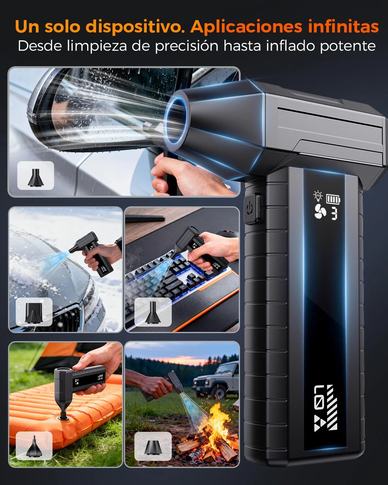 Soplador de Aire Potente – Mini Soplador Batería 200.000 RPM, 10.500 mAh, para Limpieza PC & Teclado, LED, Pantalla Inteligente, Recarga USB-C