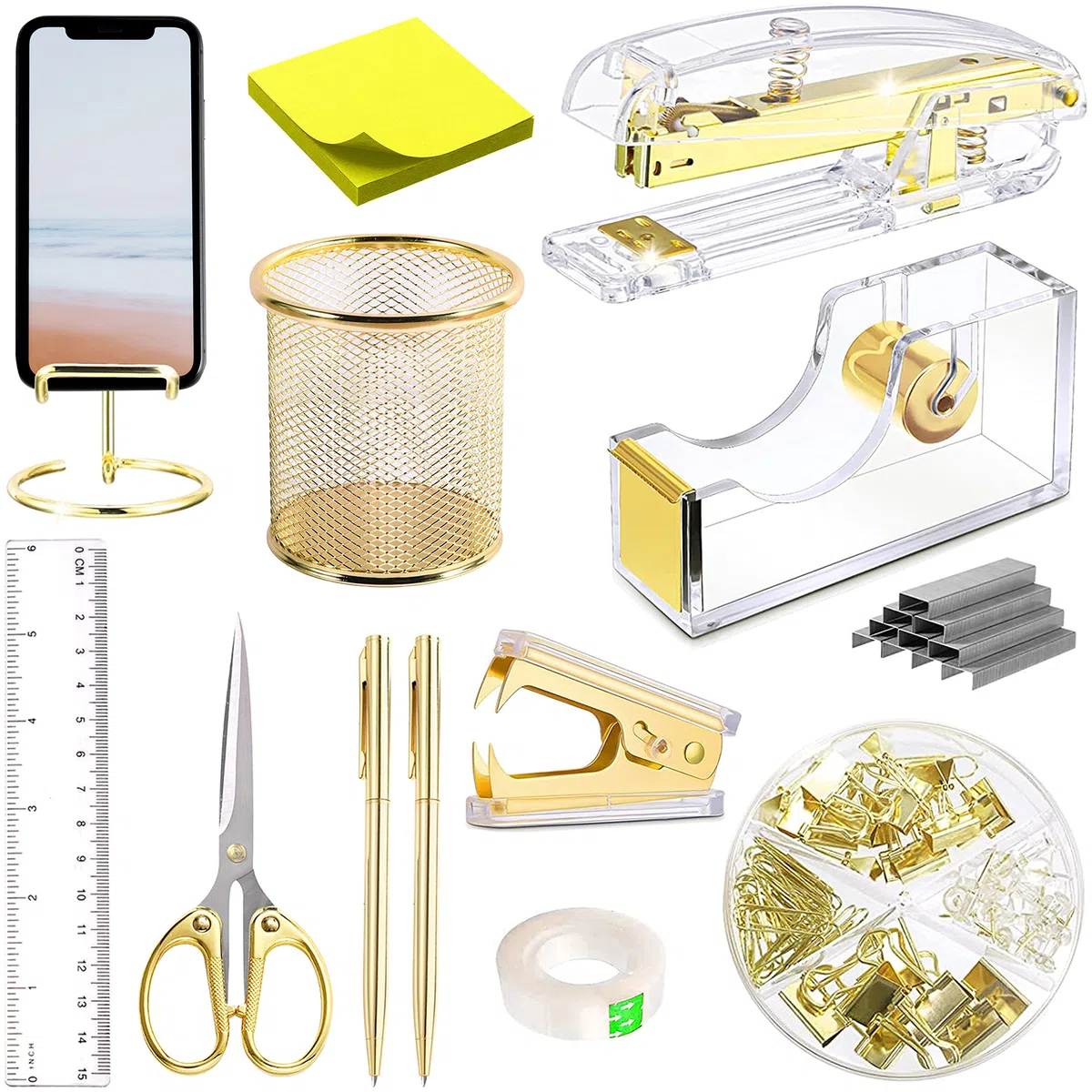 Suministros de Oficina y Accesorios de Oro Rosa, Grapadora acrílica, removedor de Grapas, Soporte de Cinta, Soporte para bolígrafos, bolígrafo, Tijeras, Clips de Carpeta, Grapas, Soporte para
