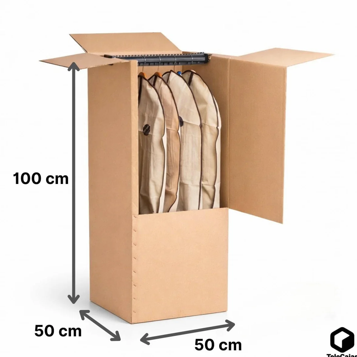 TELECAJAS | Caja Armario Portátil 50x50x101 cm de Cartón Doble | Ideal para mudanzas, trasteros o Viajes | Fácil Montaje con Barras Perchero y Cinta Adhesiva de Regalo Incluidas | Pack de 2 Armarios
