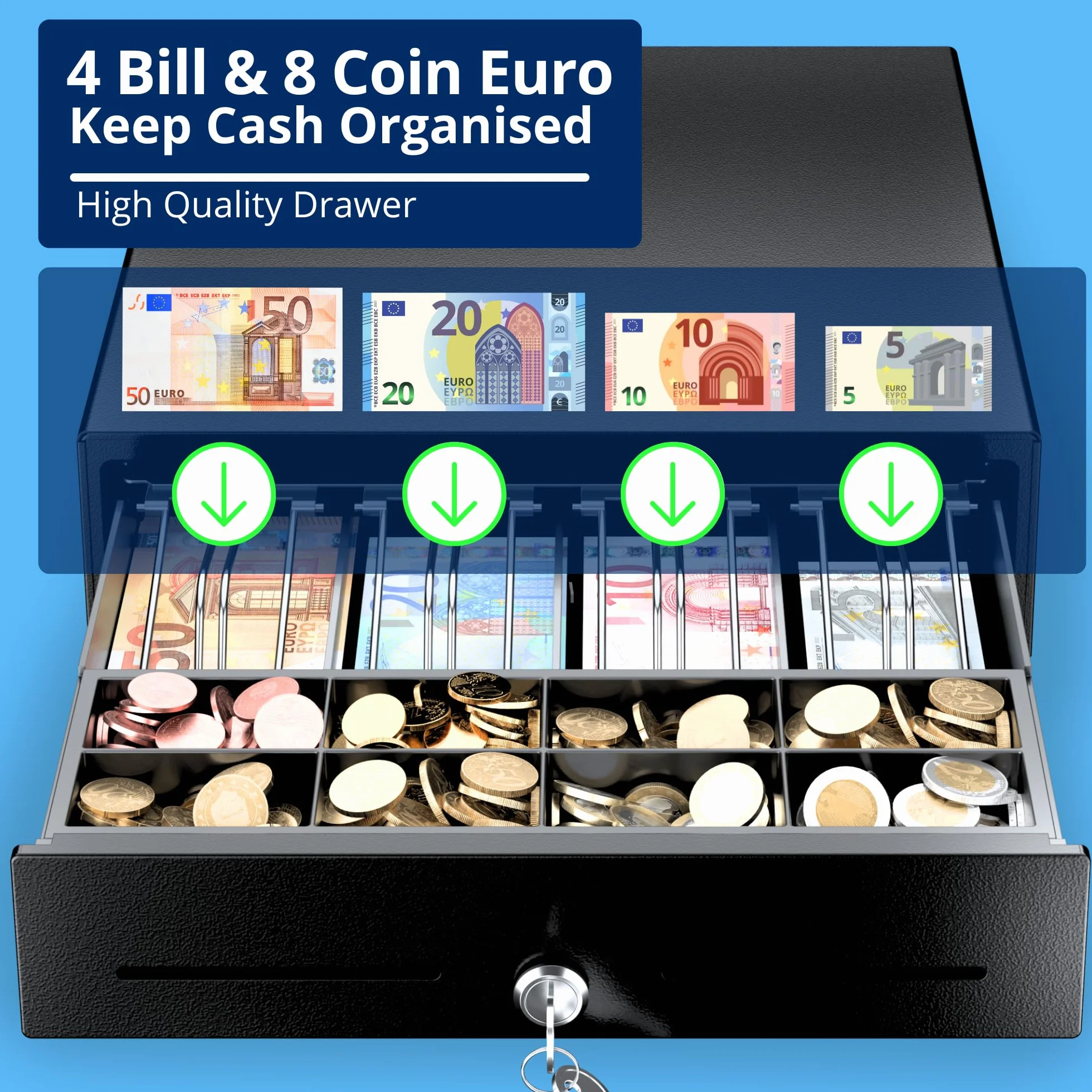 Mini Cajón Caja Registradora Pequeño, Apertura Manual Pulsando Panel Frontal y Llave, Inserto para Efectivo 4 Billetes y 8 Monedas (Euro), 33x35 cm (Negro)