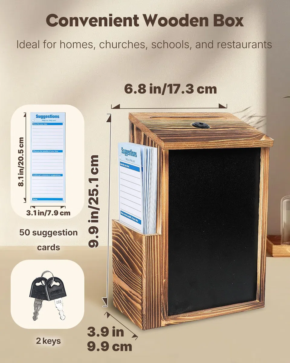 Uniclife Caja de sugerencias Wood, cajas de donativos de madera para recaudar fondos, caja de oraciones con pizarra y 50 tarjetas de sugerencias, urna para votos para bodas