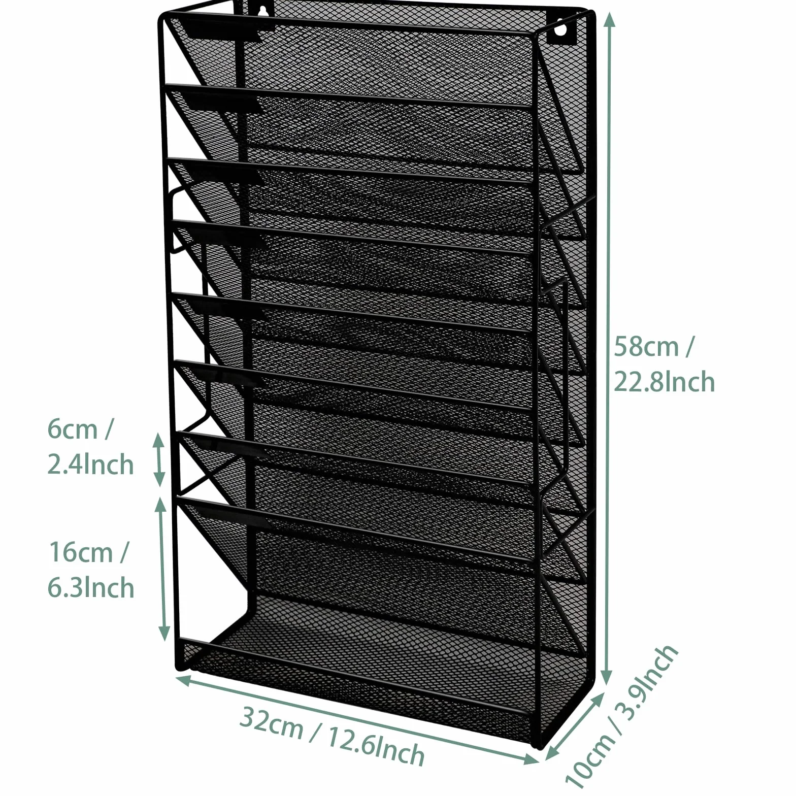 Organizador de archivo de pared de malla de 9 niveles con bandeja plana inferior, vertical de malla media, para colgar en la oficina, revistero, juego
