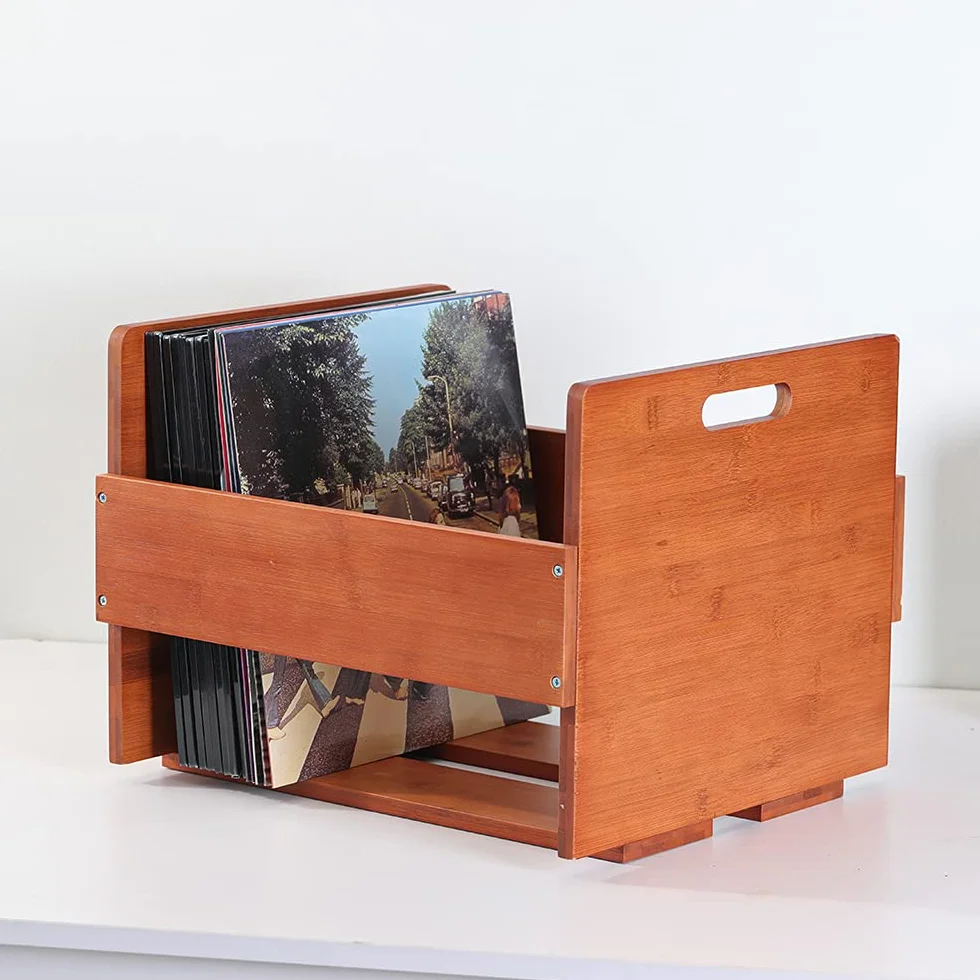 Caja de Almacenamiento para Discos de Vinilo Vintage Bambú Capacidad 80 LP Álbumes Marrón Oscuro