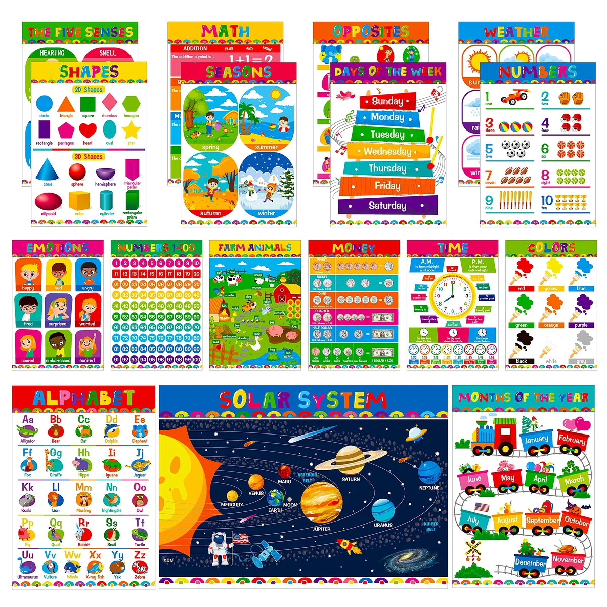 Gethelud 17 Paquetes de Carteles Educativos, Herramientas de Aprendizaje Cubiertas con Película PET para Jardín de Infancia, 40 cm x 28 cm