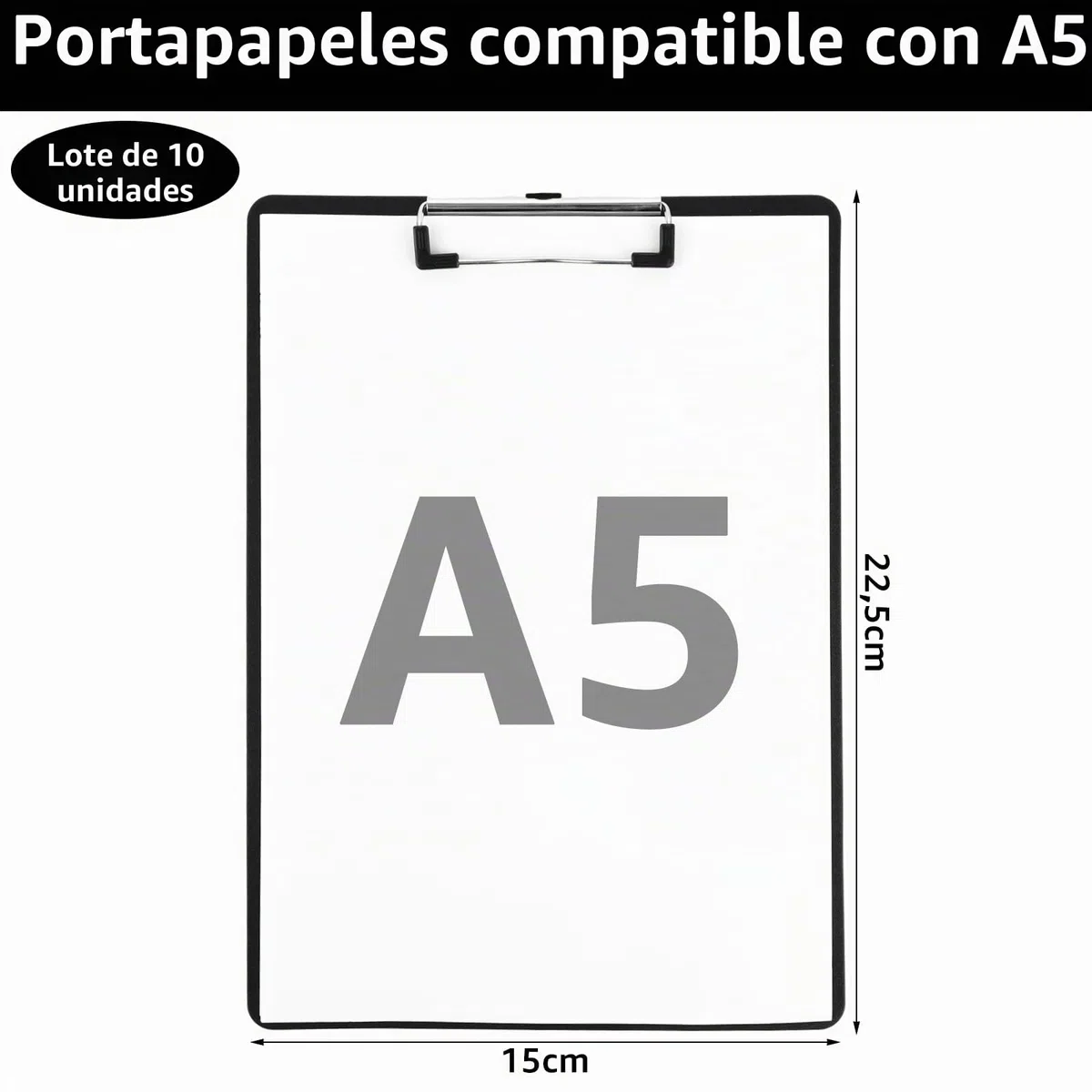 10 Piezas Portapapeles A5 de Plastico Negro, Portapapeles con Pinza A5 de Metal, Tablero de Escritura 15 x 22,4 cm para Escuela, Oficina, Casa y Formularios