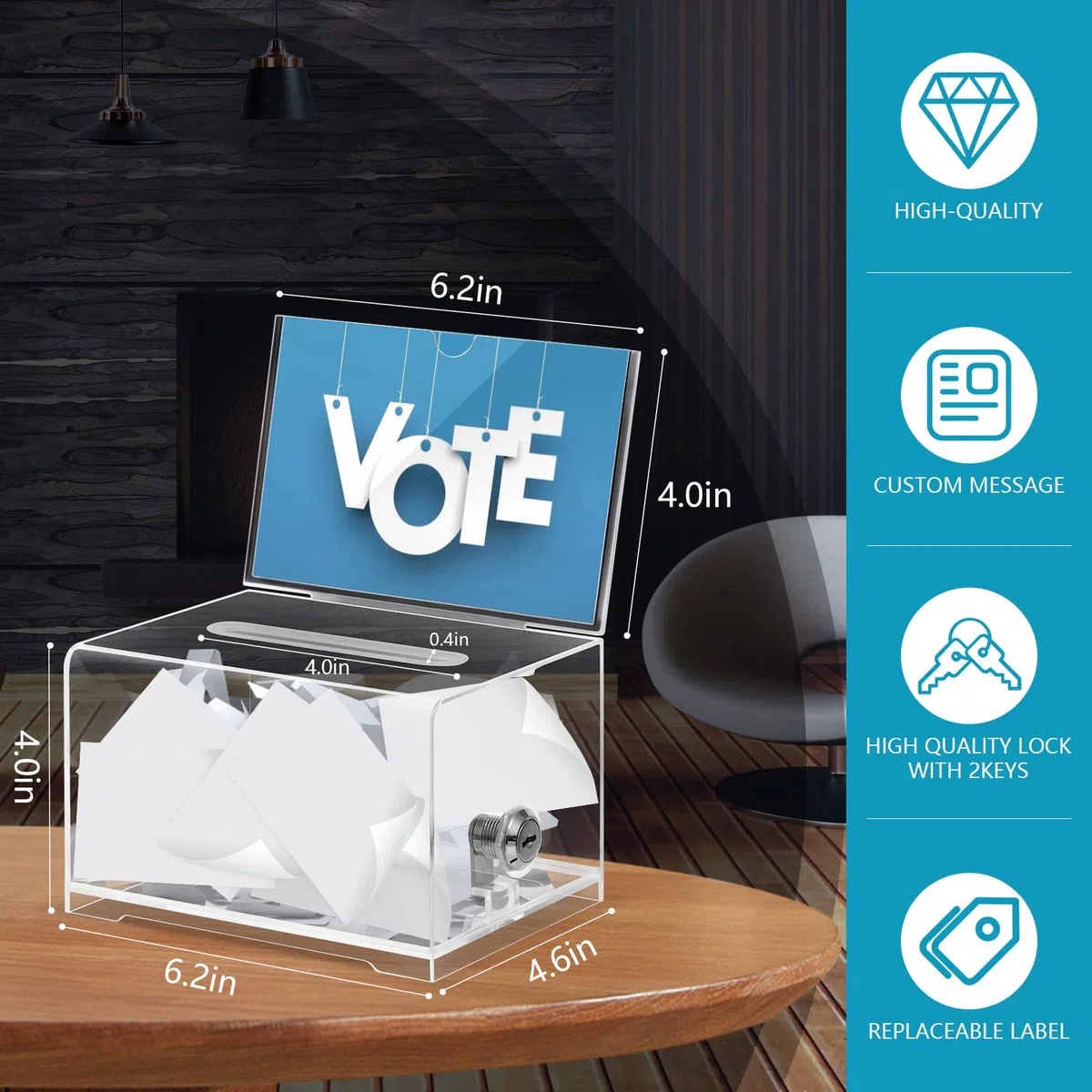 KYODOLED Caja transparente para recaudación de fondos, caja de propuestas con cerradura y llave, caja para boletos con soporte para carteles, vaso para eventos y organización, 15,5 x 10,9 x 10,9 x