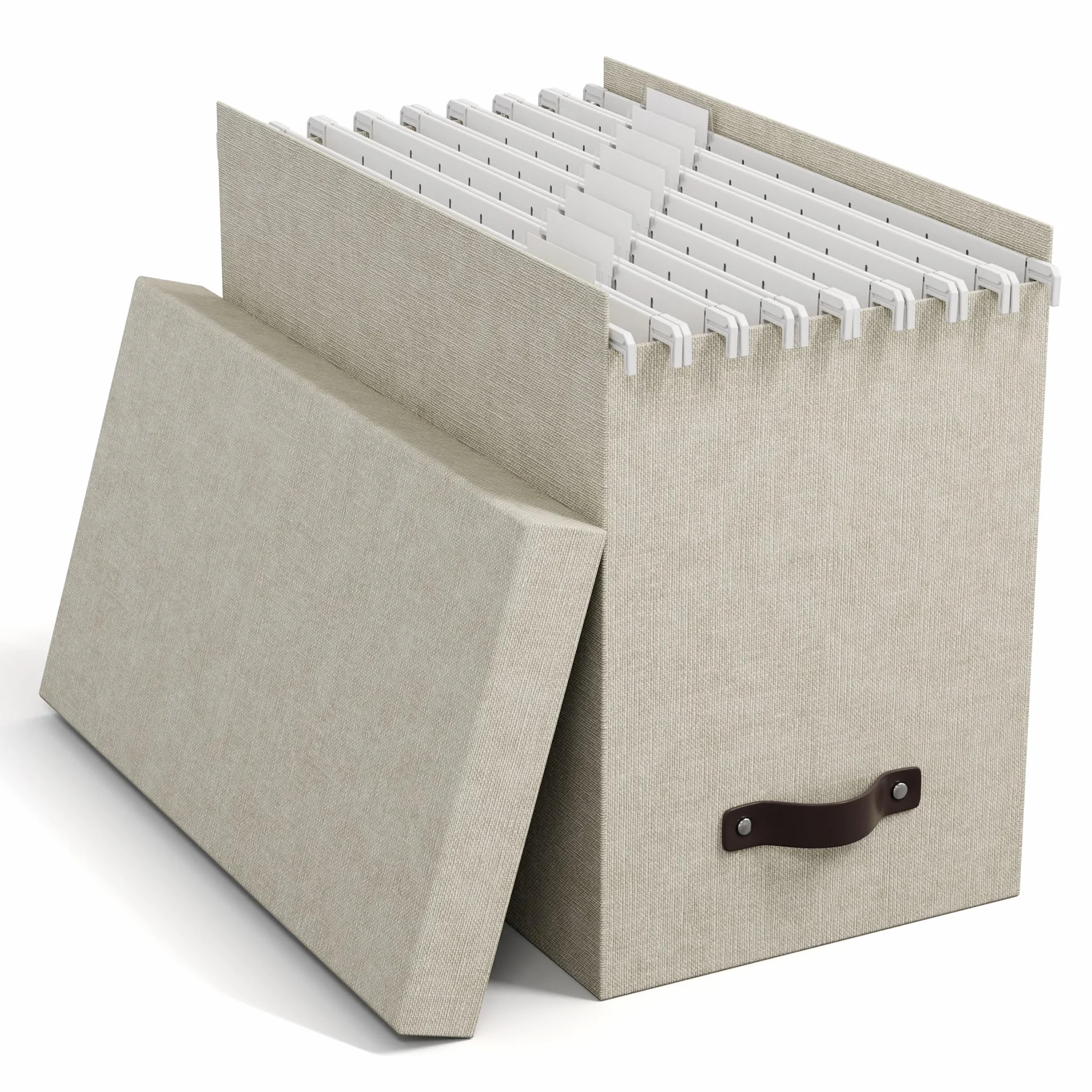 Bigso Box of Sweden Caja archivadora con tapa – Elegante organizador de documentos con 8 carpetas colgantes – Caja clasificadora de tablero de fibras y papel con elegante aspecto de lino – beige