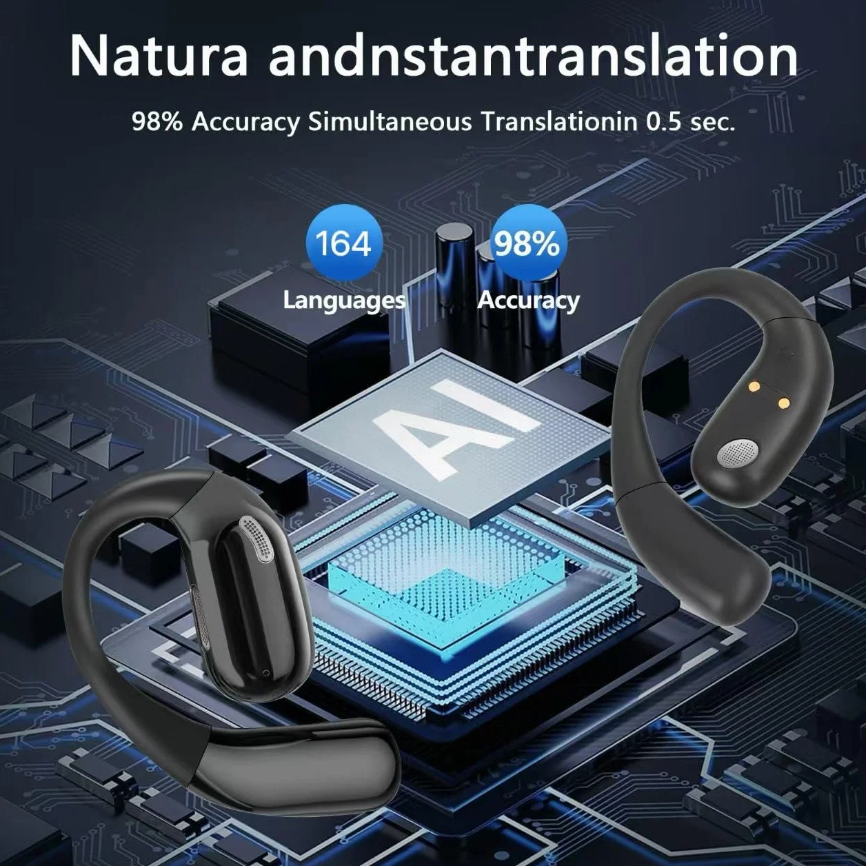 Auriculares Traductor en Tiempo Real con IA, Traductor Instantáneo de Voz 164 Idiomas, Auriculares Traductores Inalámbricos Abiertos Pantalla Táctil LED,con para Viajes/Negocios/Aprendizaje/Reunirse