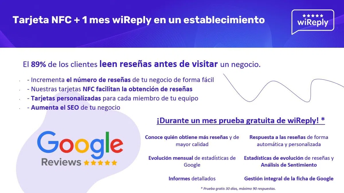 Tarjeta NFC y QR para conseguir Reseñas de Google | Compatible con Android y iPhone | Pack 5 Tarjetas | 1 mes Gratis wiReply