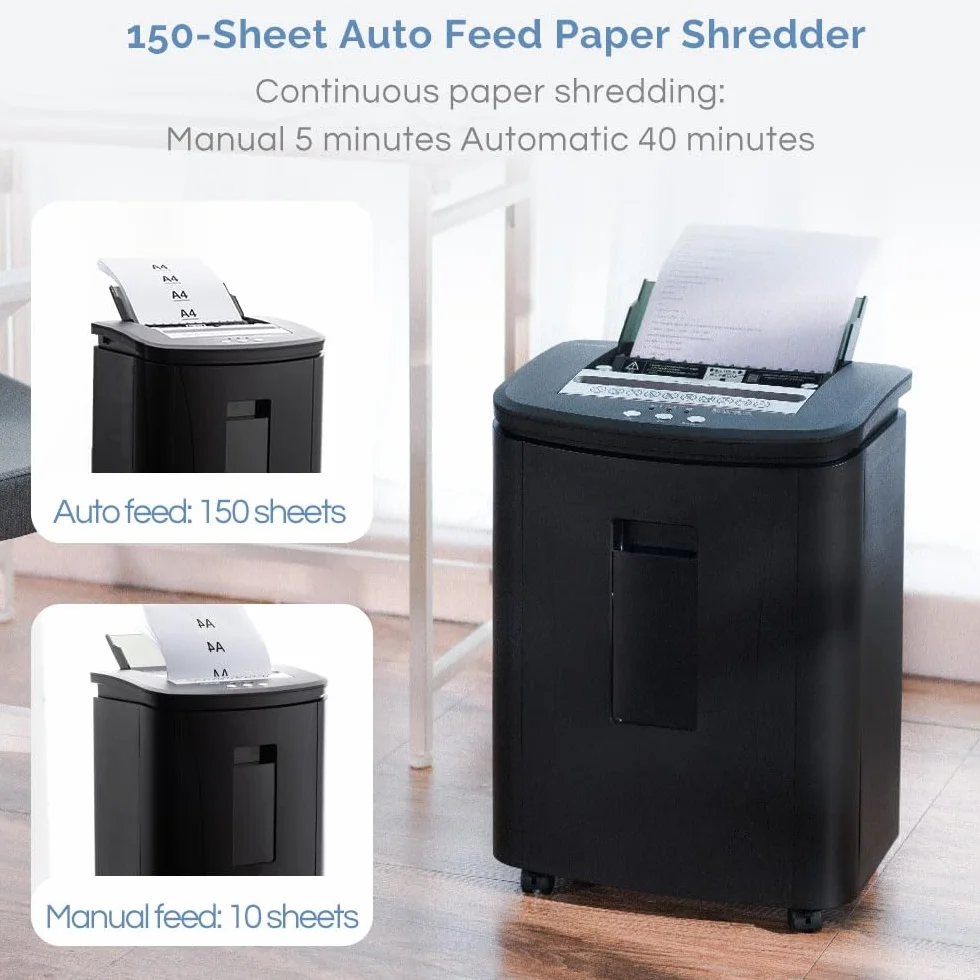 Autofeed Destructora de Papel: Trituradora de Papel de Corte Micro de 150 Hojas, Nivel de Seguridad P-4, con Tiempo de Funcionamiento Continuo de 40 Minutos y Cesto de Extracción de 25L
