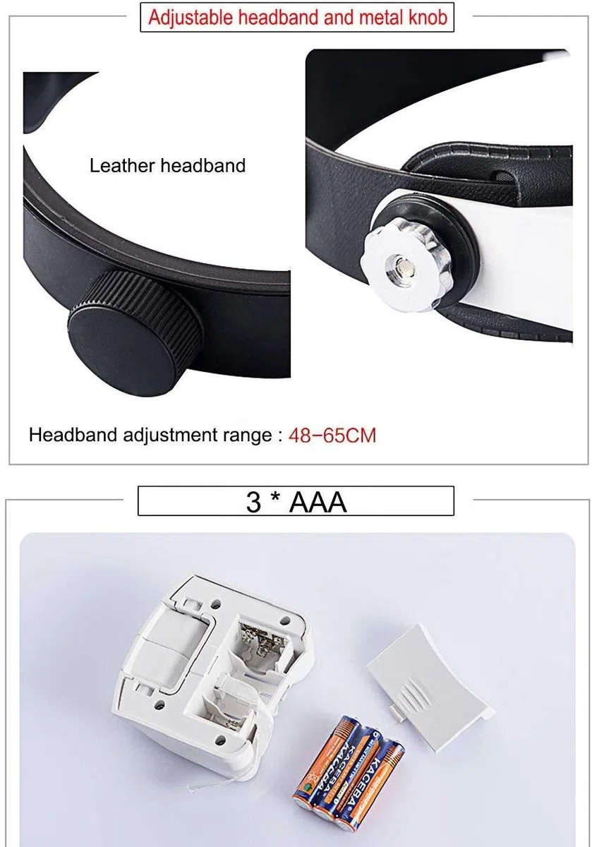 Diadema lupa con luz 2led, lupa de lectura manos libres montada en la cabeza, joyería, reloj lupa