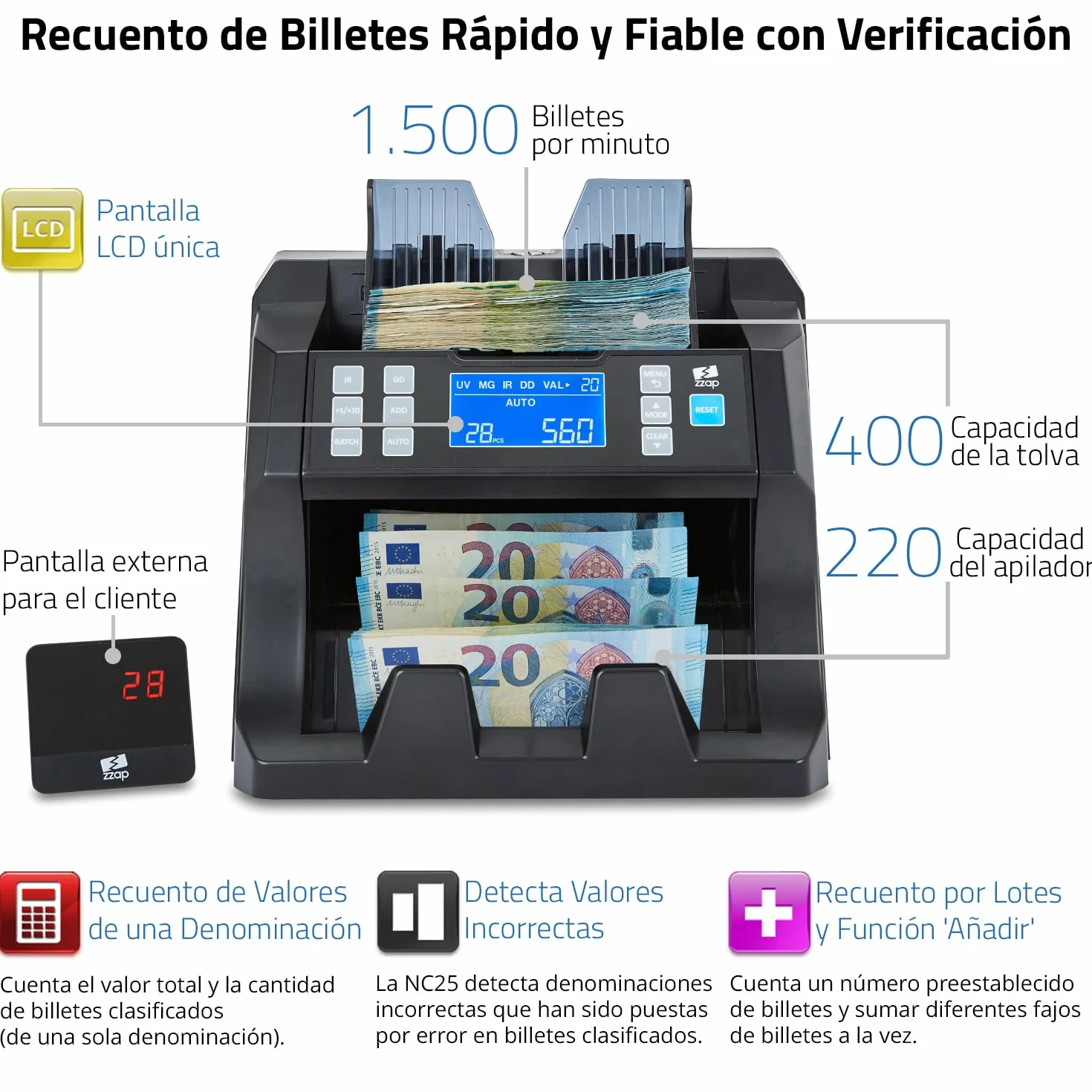 ZZap NC25 Contadora de billetes y detector de falsificaciones