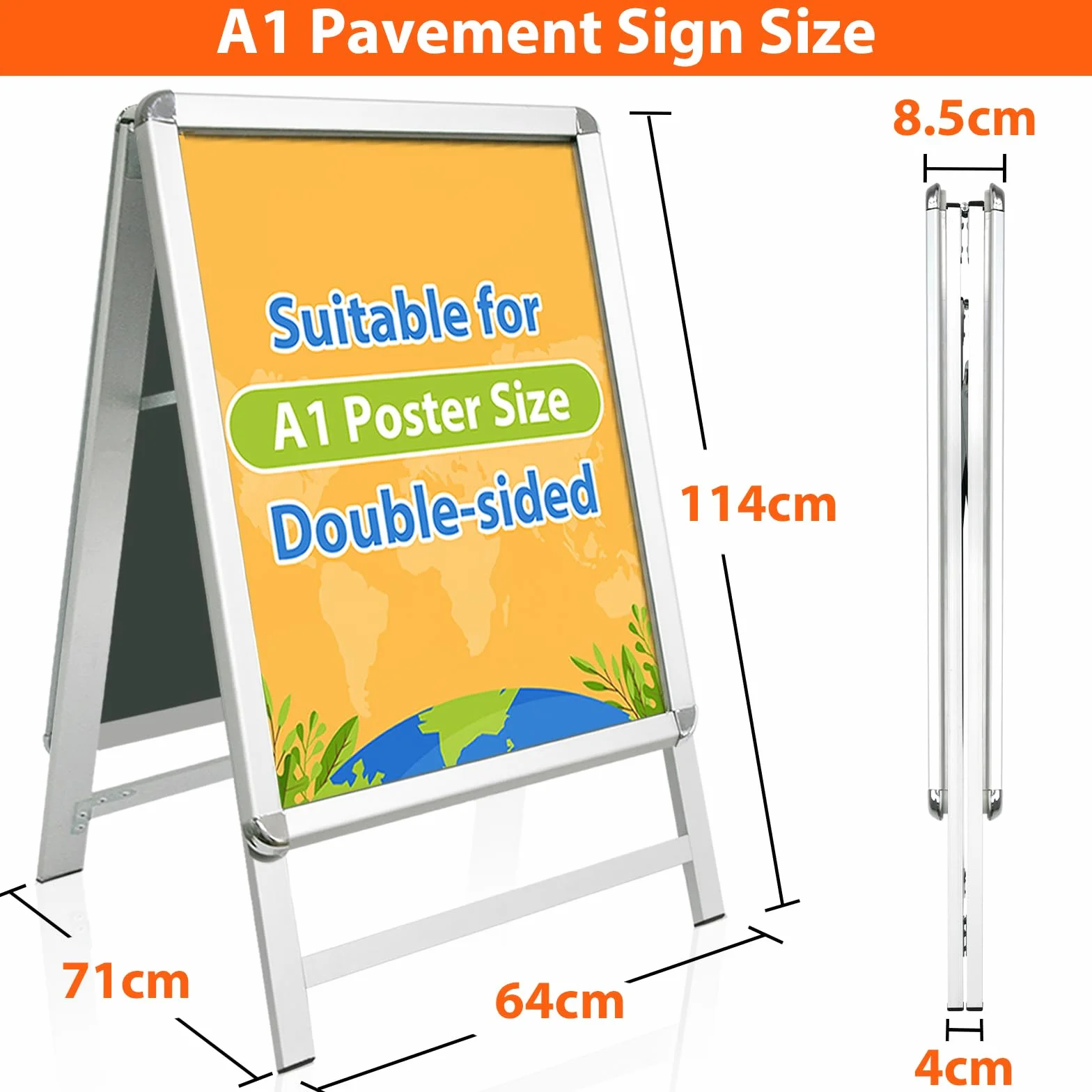 DIN A1 Tope para clientes exterior, resistente a la intemperie, soporte de doble cara, incluye protector de pantalla, soporte para publicidad y ferias (A1, plata)