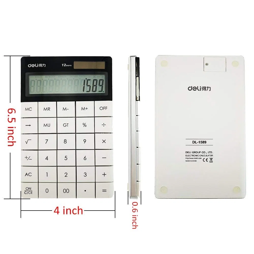 Deli 1589 - Calculadora electrónica de doble potencia solar y funciona con pilas, 12 dígitos blanco