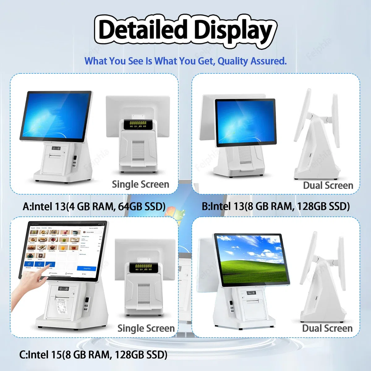 Sistemas Tpv para Restaurantes con Doble Pantalla TáCtil De 15,6 Pulgadas: Caja Registradora Todo En Uno para PequeñOs Negocios, 8 GB De Ram, 128 GB De Ssd DualScreen-A（80mm）