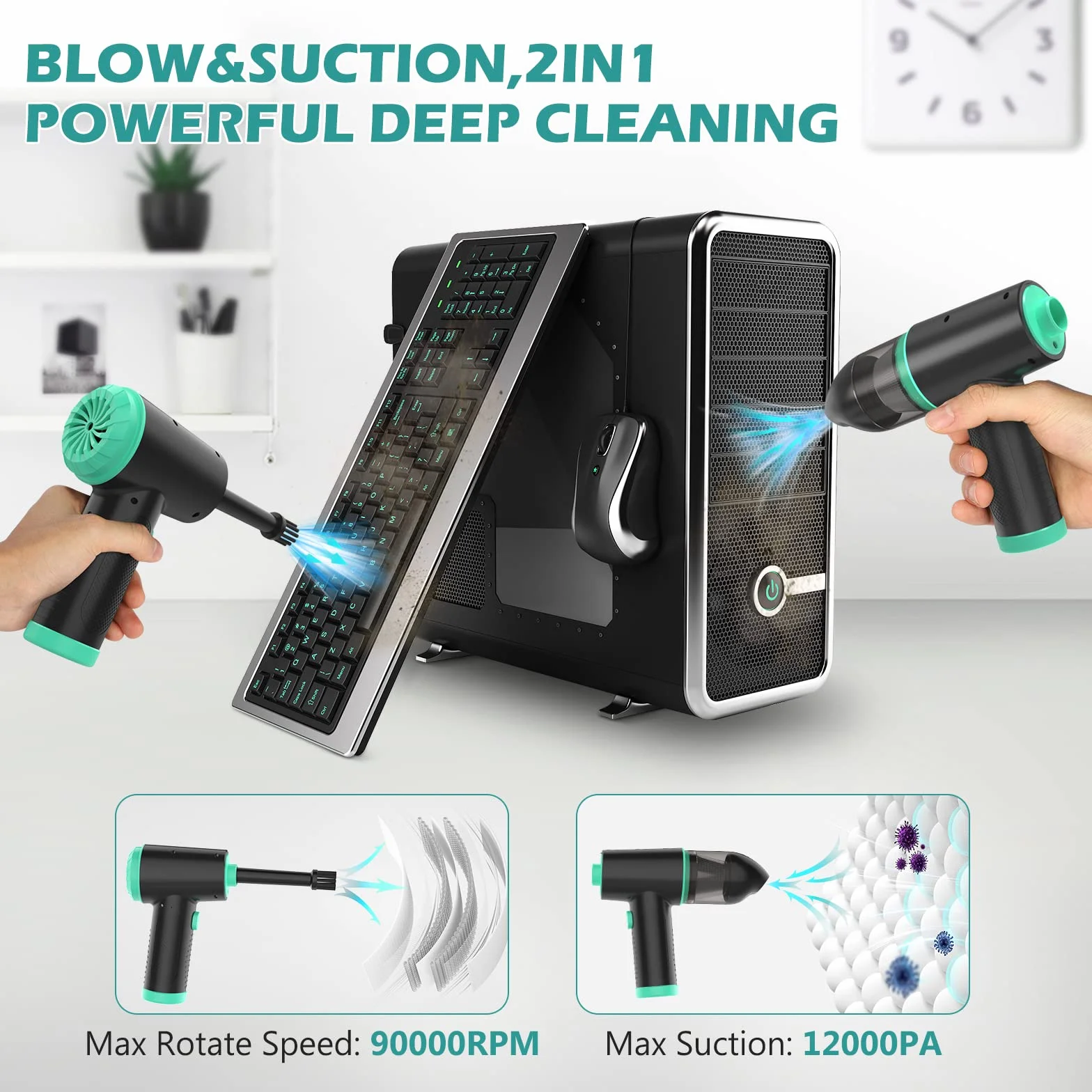 EVARYOO Soplador de Polvo Eléctrico y Mini Aspirador 2 en 1, 3 velocidades,90000RPM, 12Kpa, 7000mAh, con LED,Aire Comprimido Limpieza PC Sin Cable para computadora,Sofá,Mascotas,Automóvil