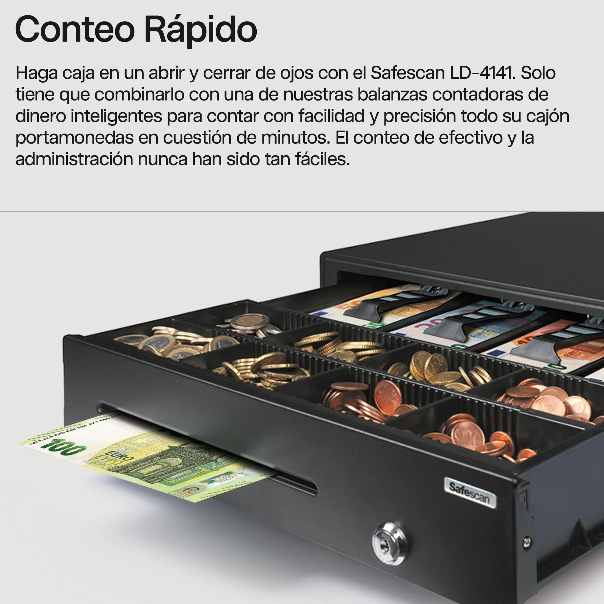 Safescan LD-4141 Cajón portamonedas uso ocasional para el efectivo - Caja registradora con 4 apartados para billetes y 8 para monedas - Caja dinero conexión RJ-12 - Cajón portamonedas 41x41,5x11,5 cm
