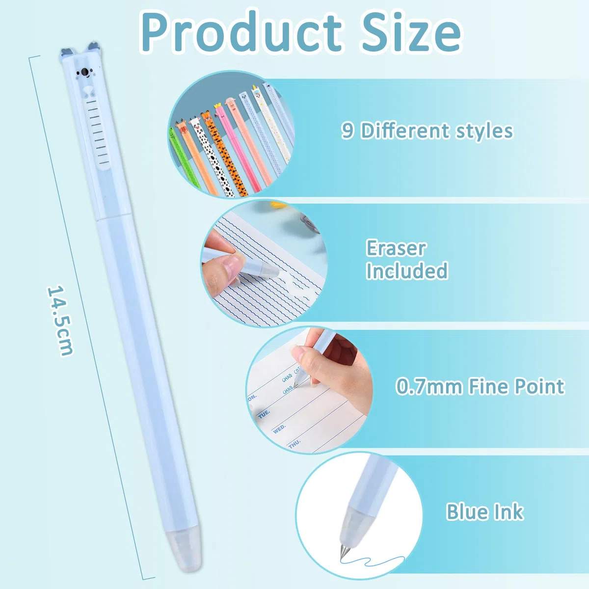 9 bolígrafos de gel borrables con punta de borrador de 0,7 mm, tinta azul, bonitos bolígrafos de gel de escritura suave, reescribibles, juego de bolígrafos de tinta térmica para escuela