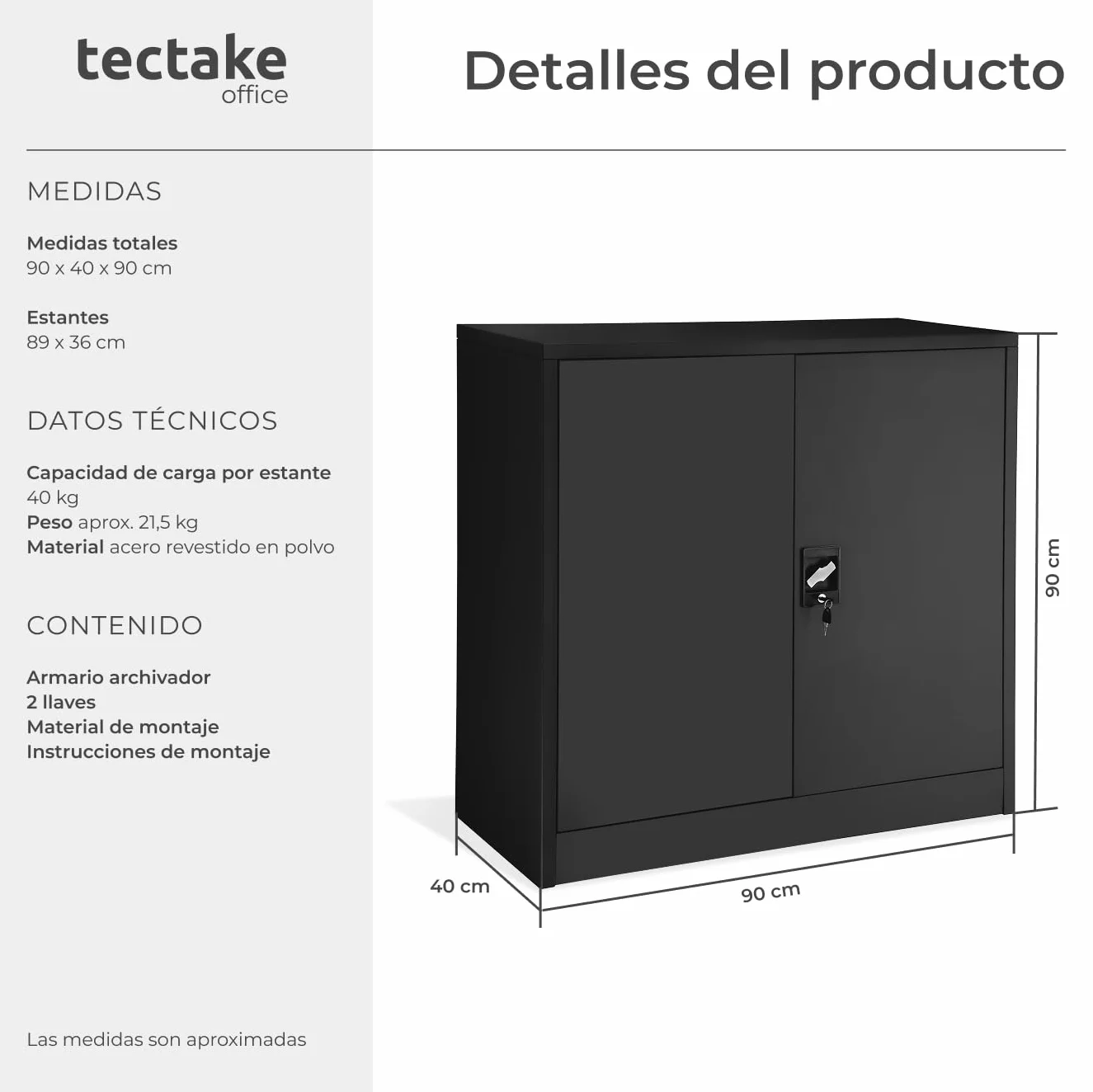 Tectake Armario Metálico con 3 Cajones Bloqueable, Estantes Ajustables, 90x90x40cm Negro