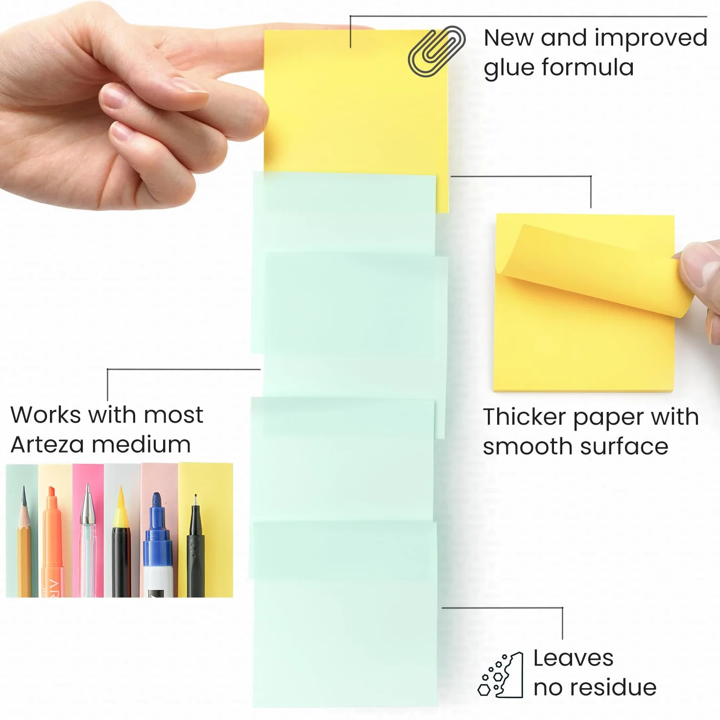 ARTEZA Notas adhesivas de 3 x 3 pulgadas, 48 blocs adhesivos (100 páginas por bloc), blocs de notas adhesivas a granel, notas adhesivas autoadhesivas multicolores, suministros escolares y de oficina,