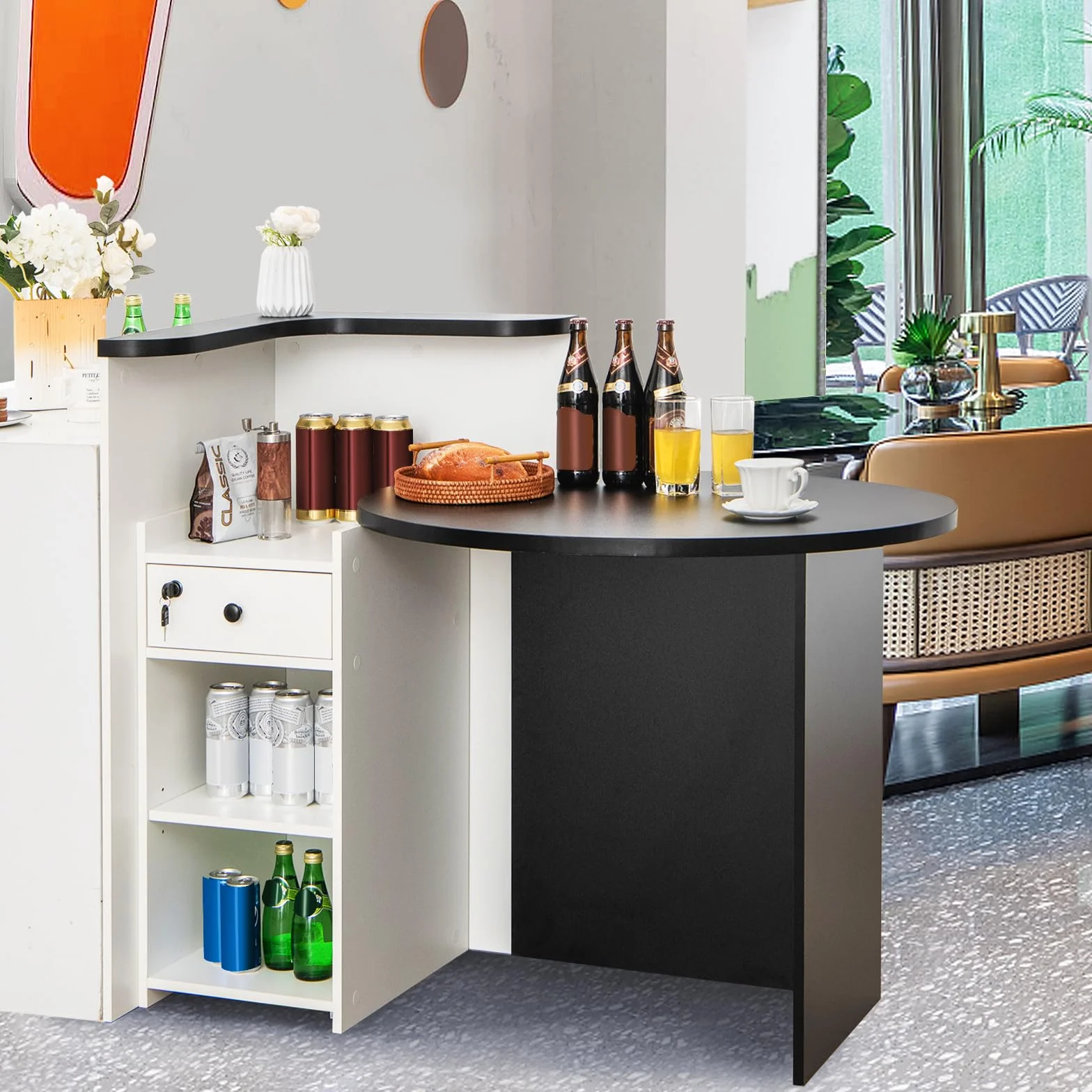 COSTWAY Escritorio de Recepción Ovalado con Cajón con Cerradura, Estante Ajustable, 120 x 70 x 100 cm, Negro
