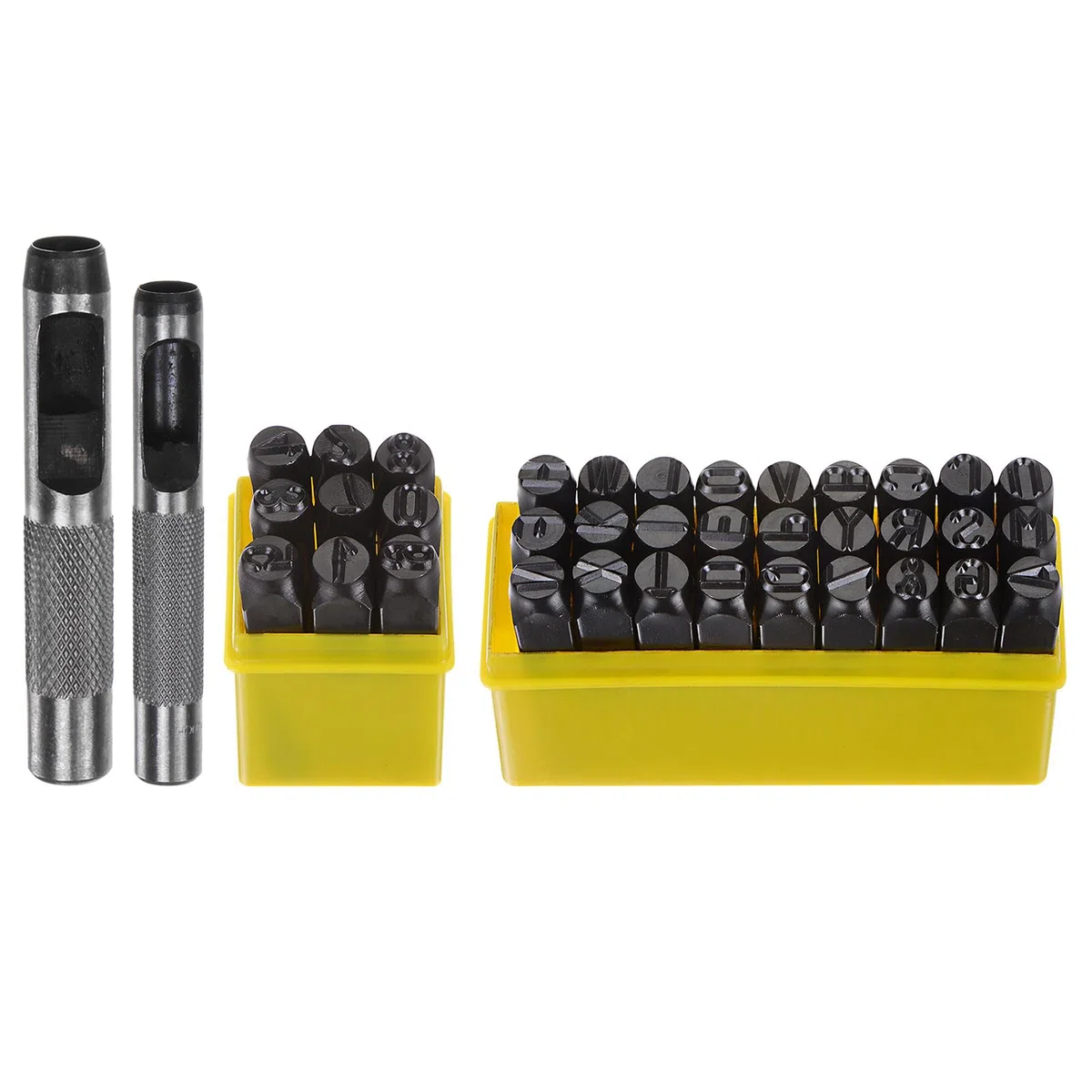 QUARKZMAN 36uds Kit Estampado Metal 25/64" (10mm) (A-Z, 0-8, "&" Símbolo) Punzón Letras Acero para Prensa con Punzón Orificios para Estampar en Metal, Plástico, Madera, Cuero, Negro