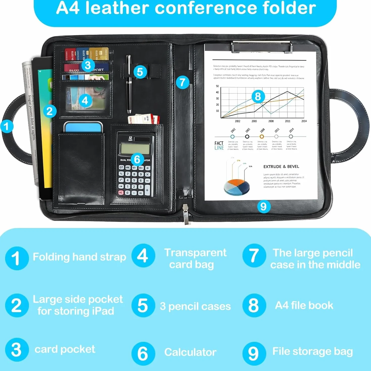 Cinnani Porta Documentos Grande con Calculadora, Portadocumentos A4 Carpeta Profesional, Asas Magnéticas Plegables, Portafolio Carteras de Viaje Cuero para Tarjetas/Plumas/Tableta y Smartphone, Negro