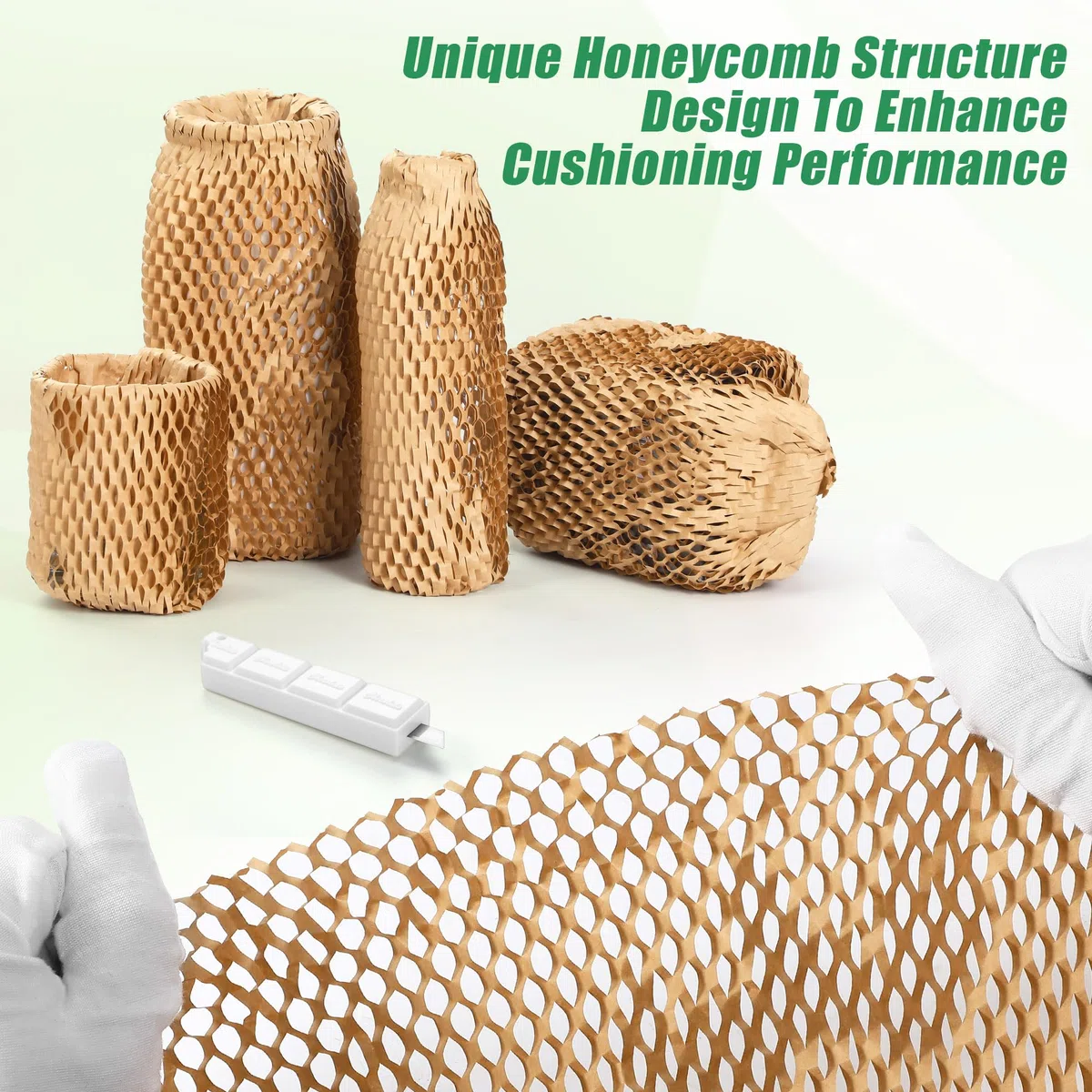 Papel de embalaje ecológico de panal de abeja de 12 x 300 pies (certificado FSC) + 40 calcomanías y cortador de seguridad, alternativa reciclable de envoltura de burbujas para mudanzas, correos