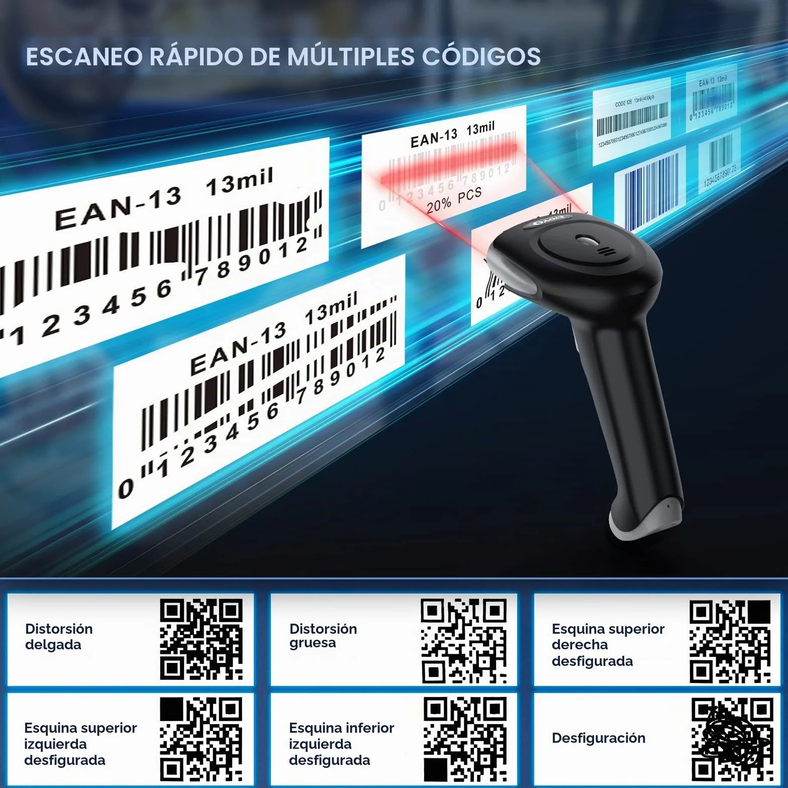 Eyoyo Lector de Códigos de Barras Inalambrico, Bluetooth, 2.4G Wireless, Cable USB 3 en 1 Conexión, Escaner Codigo de Barras 2D 1D Portátil 2500 mAh, Lector QR para Phone, Laptop, Tablet, iOS, Android