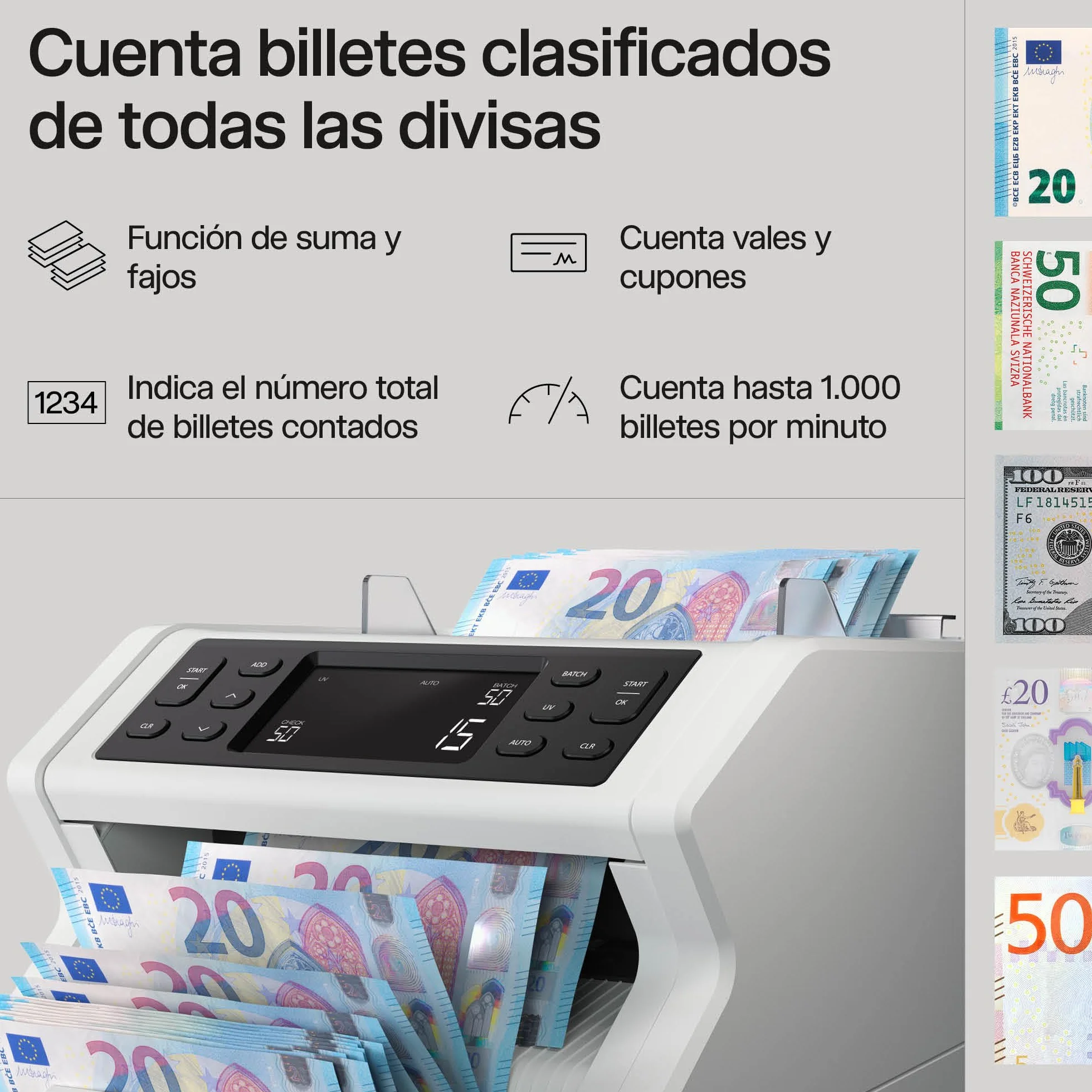 Safescan Contadora de Billetes 2210 para Billetes Clasificados - Contadora detectora de Billetes Falsos en 3 Puntos - Máquina para Contar Billetes Clasificados de Todas Las divisas