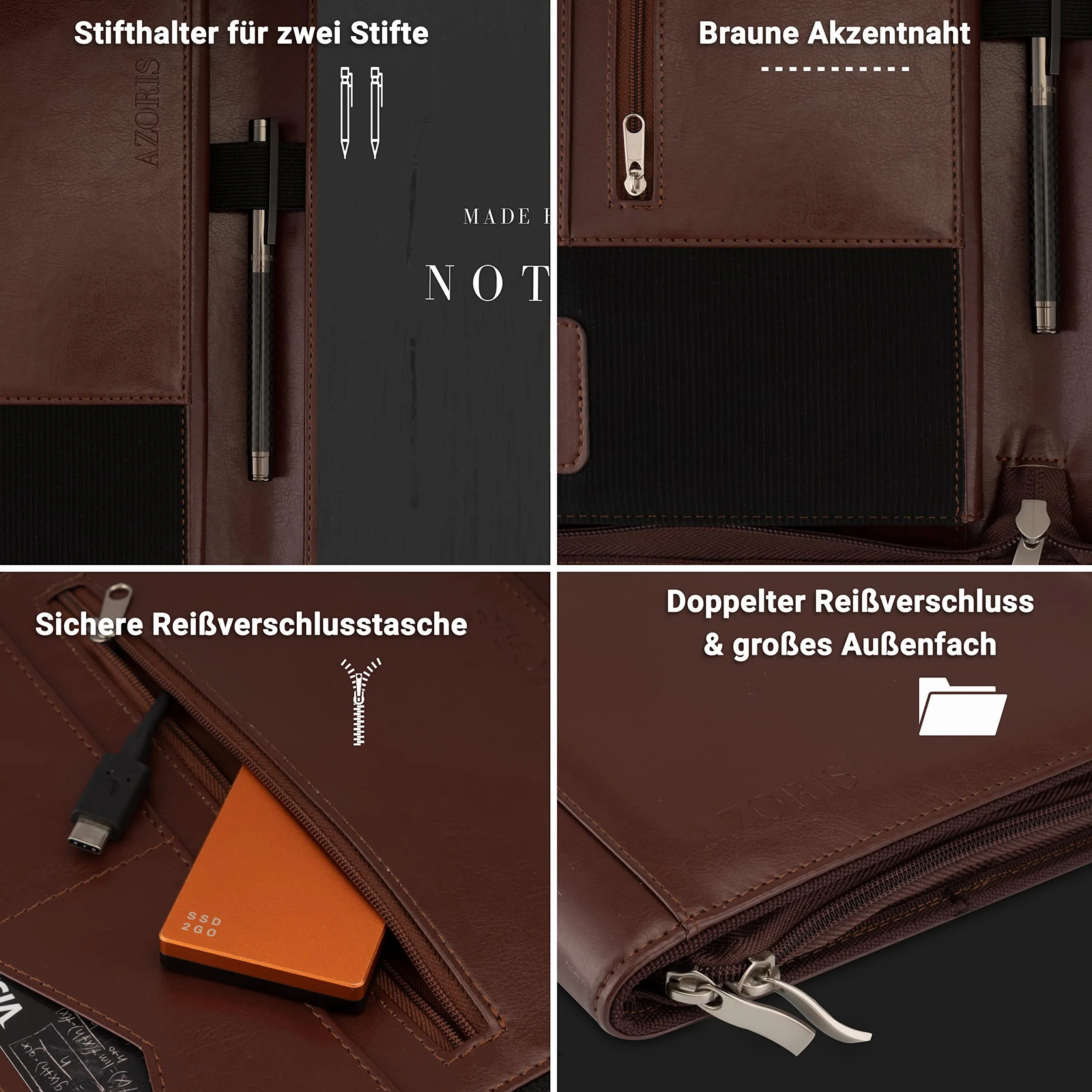 Carpeta A4 Premium con doble cremallera y compartimento para tablet de 13 pulgadas, iPad - Profesor profesional de piel sintética para hombre y mujer