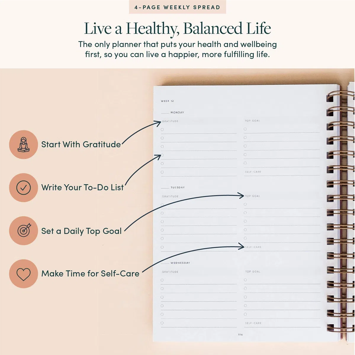 Simple Self The Self-Care Planner by - El mejor planificador semanal de vida para bienestar, alcanzar objetivos, salud, felicidad, productividad, gratitud, comidas, fitness, espiral sin fecha, 12