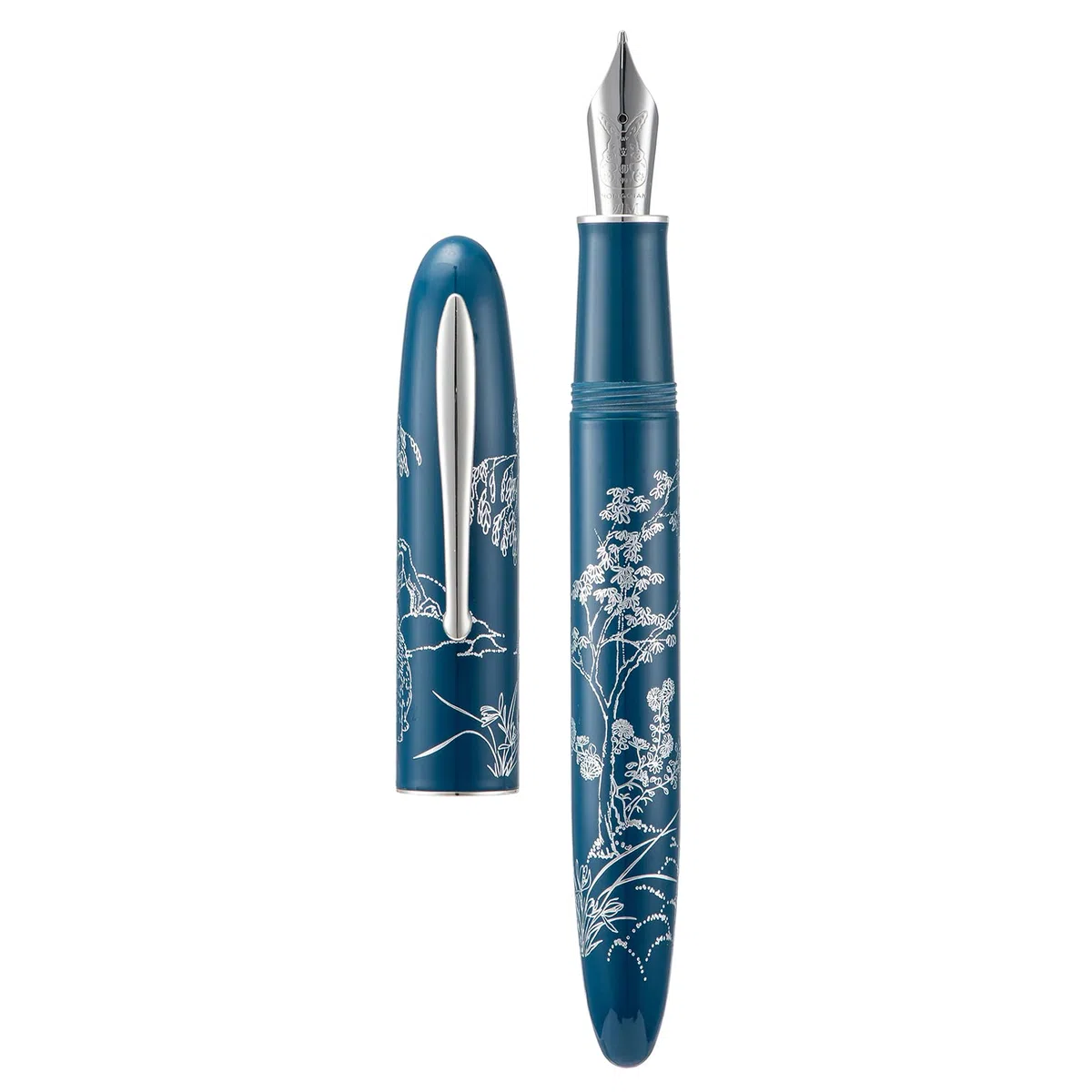 Hongdian N23 - Pluma estilográfica de conejo azul, hoja larga, punta media, borde plateado, diseño de tallado de conejo de la suerte, de escritura suave con convertidor y caja de bolígrafo de metal