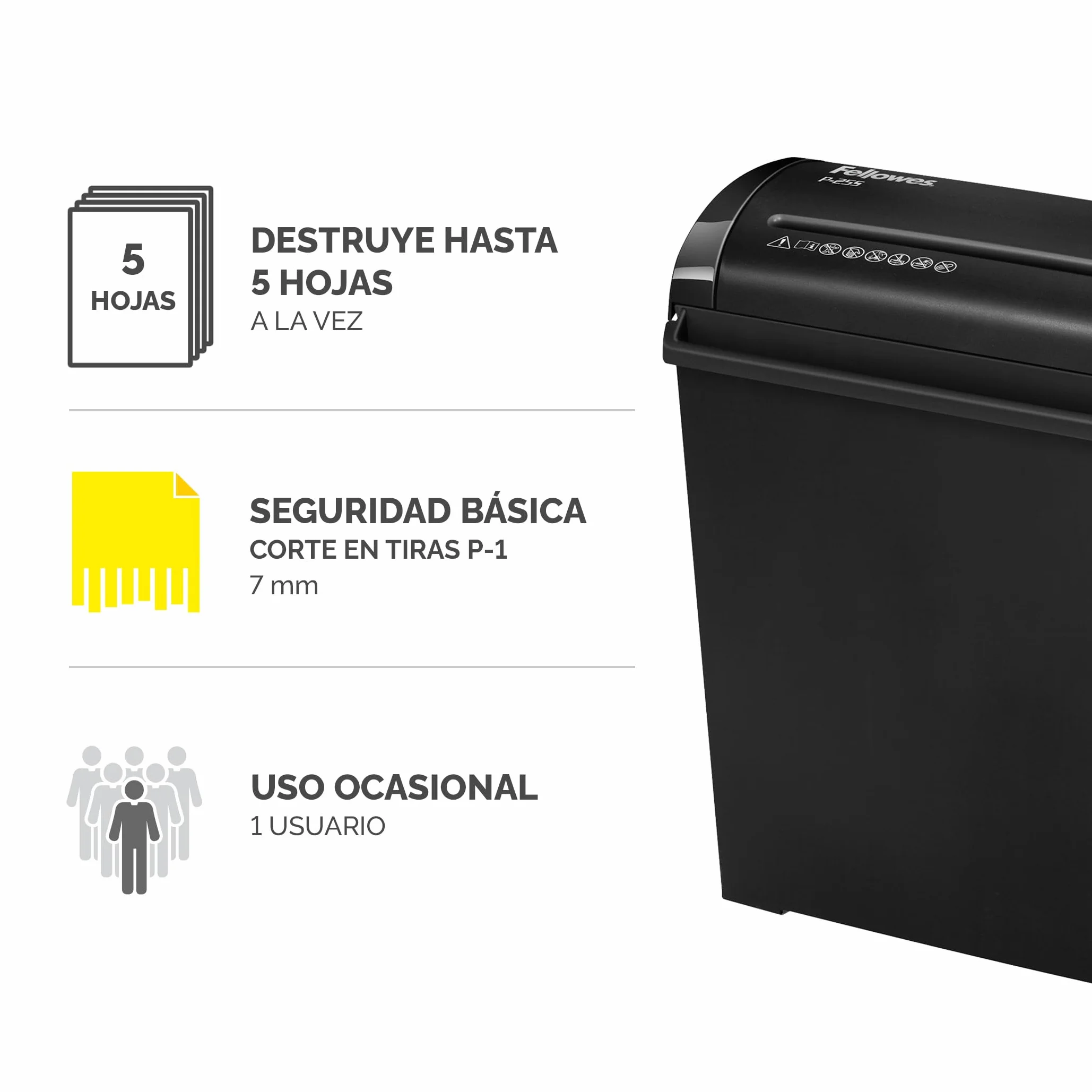 Fellowes P-25S Trituradora de Papel Corte en Tiras, 5 Hojas, 11L, DIN-P1, Negro