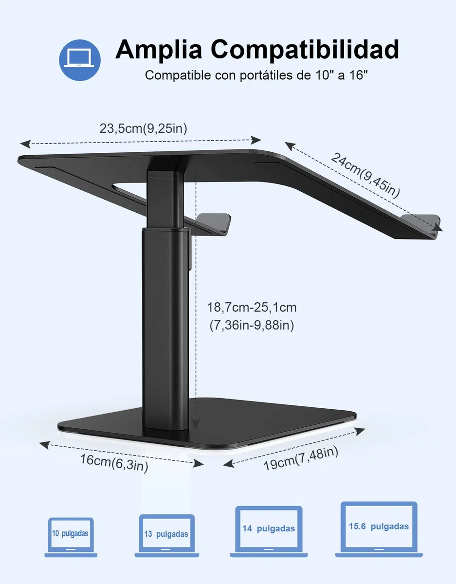 Babacom Soporte Portatil Mesa con 8 Alturas Ajustables, Aleación de Aluminio Elevador Portatil Ergonómico, Ventilado Laptop Stand Compatible con MacBook/Air/Pro, Chrome y Tabletas, 10-16” Negro