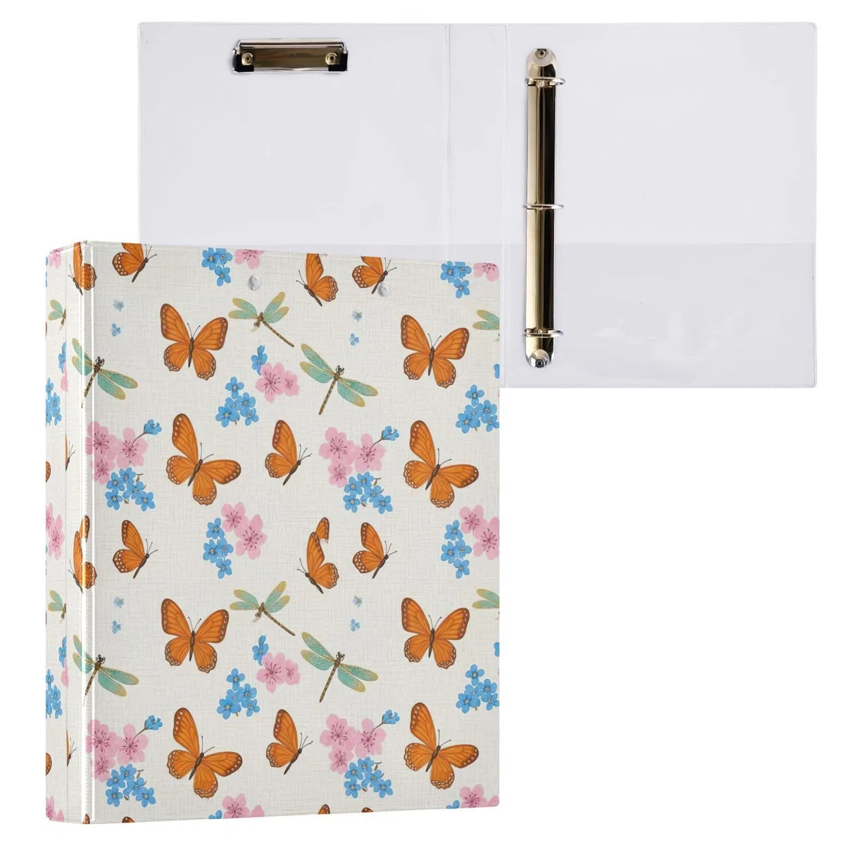 Carpeta de 3 anillas, mariposas naranjas, flores silvestres, carpeta de anillos en D, paquete de 2 | Con portapapeles y bolsillos, para escuela, universidad, oficina