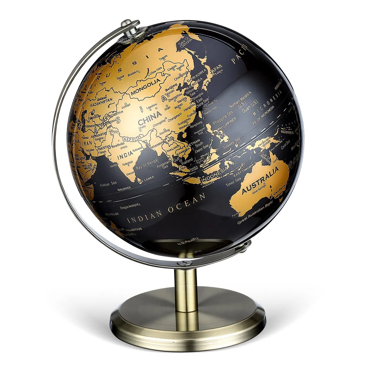 Happyyami Adorno de Globo Terráqueo de Escritorio Multifuncional en Metal Dorado, Bola de Globo 14 Cm Estilo Europeo para Embellecimiento de Mesa y Oficina