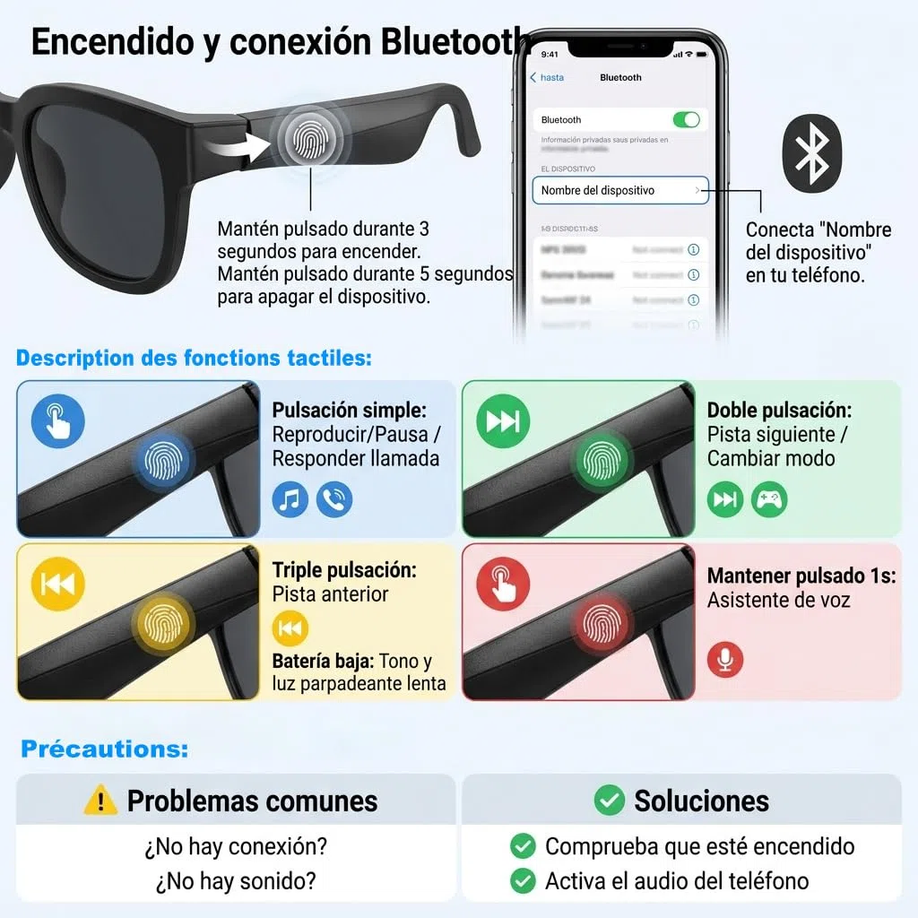 Genérico Gafas Inteligentes de Sol Bluetooth con IA y Traducción de Voz,Smart Glasses Audio para Llamadas y Música, Micrófono Antirruido para Bici y Running, Compatibles con iOS y Android - Negro