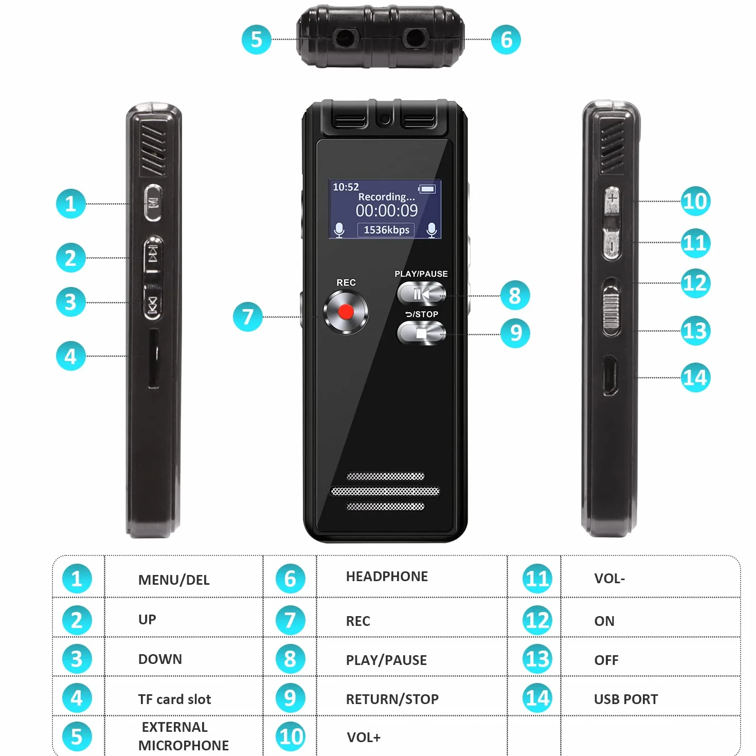 Grabadora de Voz Activada 16GB Portátil con Reproductor MP3 y Contraseña